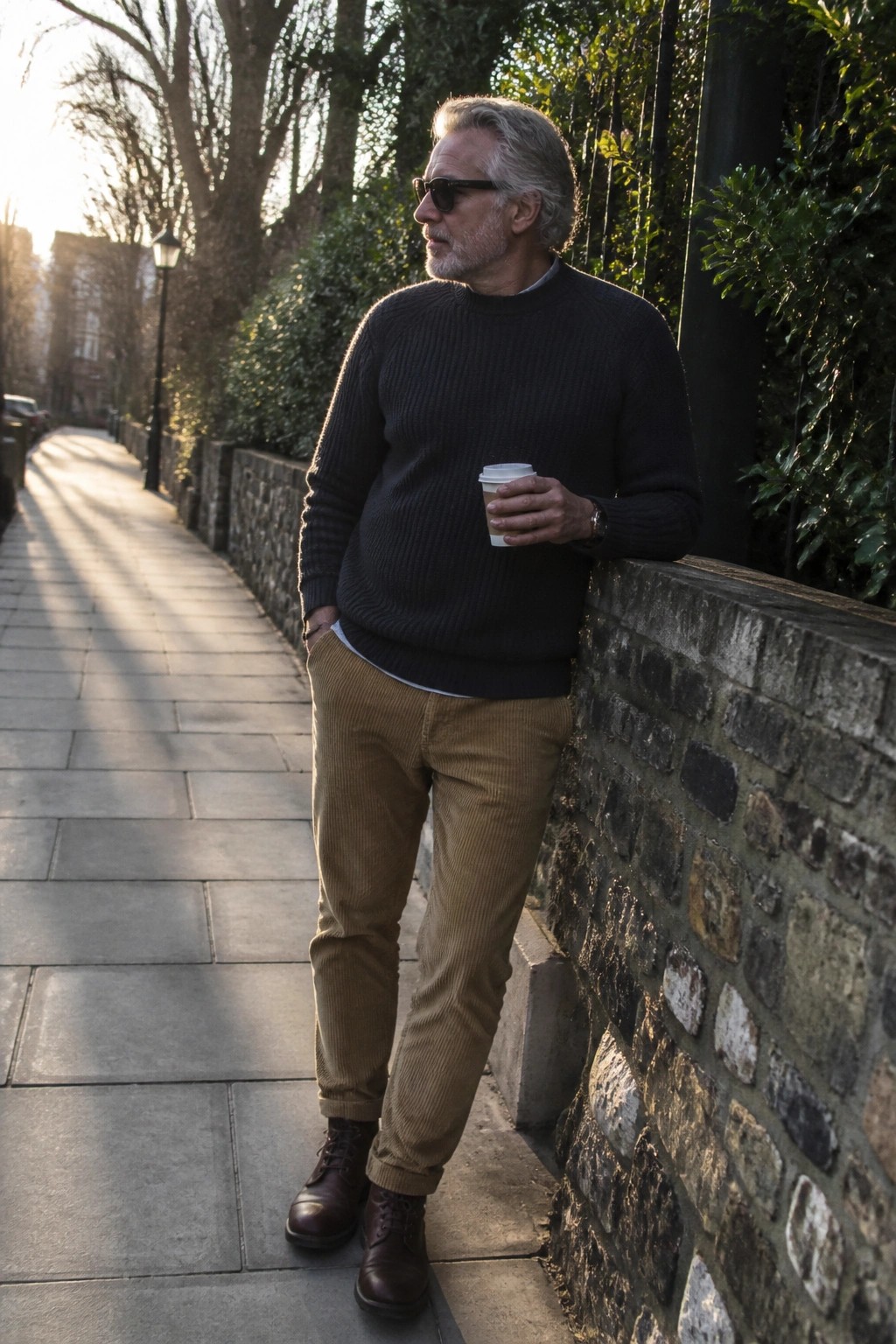 Gray-haired man in dark sweater and brown corduroy pants holds coffee by brick wall