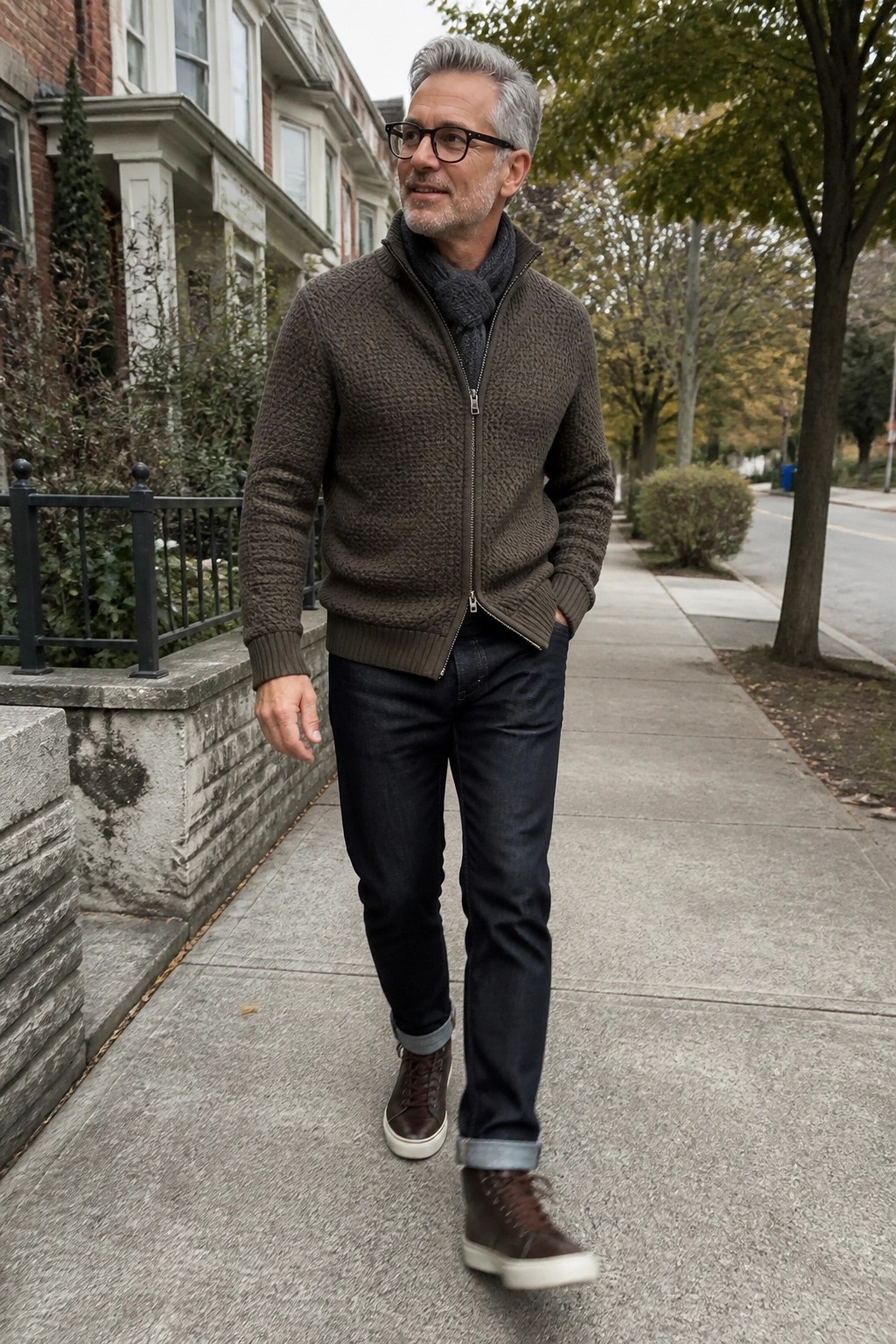 Gray-haired man in brown zip-up sweater and jeans walking on sidewalk