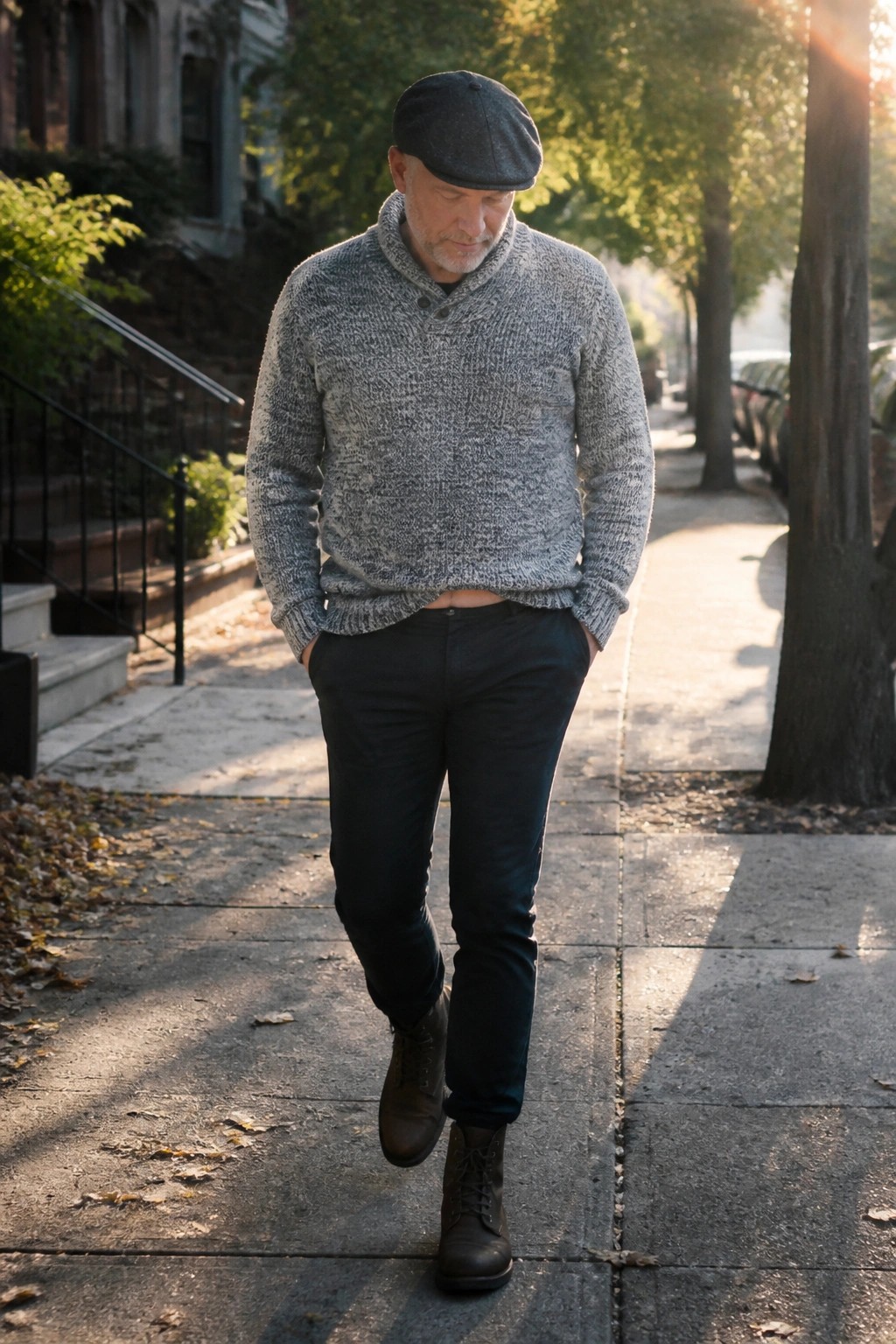 Man in gray sweater and flat cap walking on sunlit sidewalk with hands in pockets