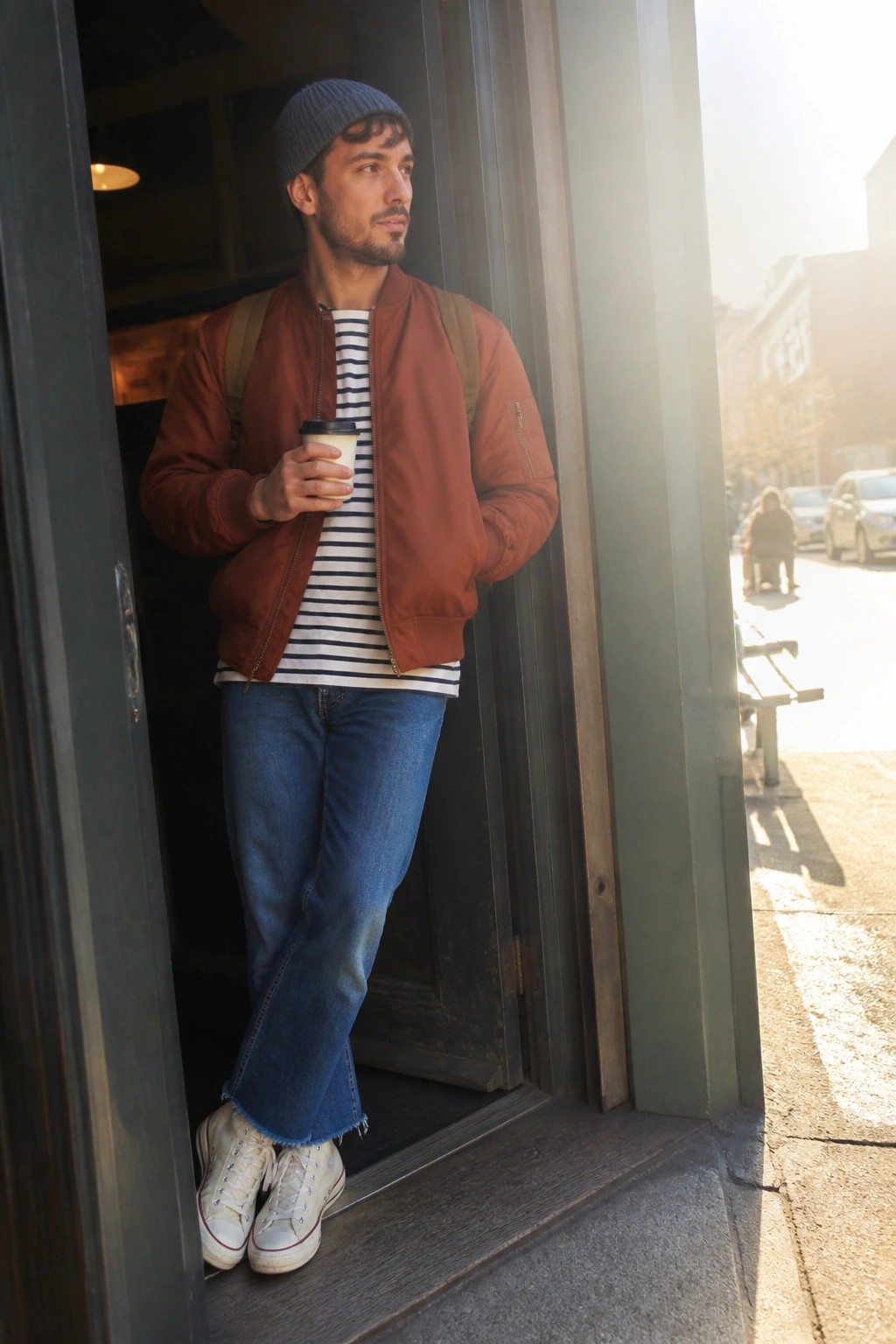 Man wearing a rust bomber jacket over a black and white striped shirt with blue jeans and white sneakers while holding a coffee cup in a doorway.