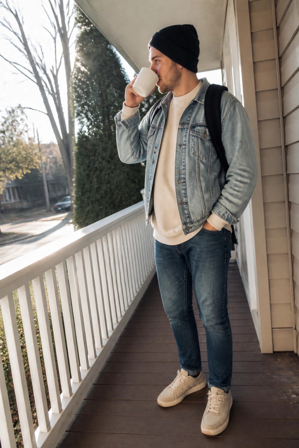 Man in denim jacket and black beanie drinks from white mug on porch