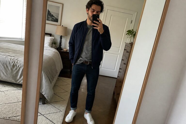 24 Modern Men’s Fall Casual Outfits Using Sneakers, Jeans, and Lightweight Jackets Man in navy bomber jacket taking mirror selfie in bedroom with white sneakers
