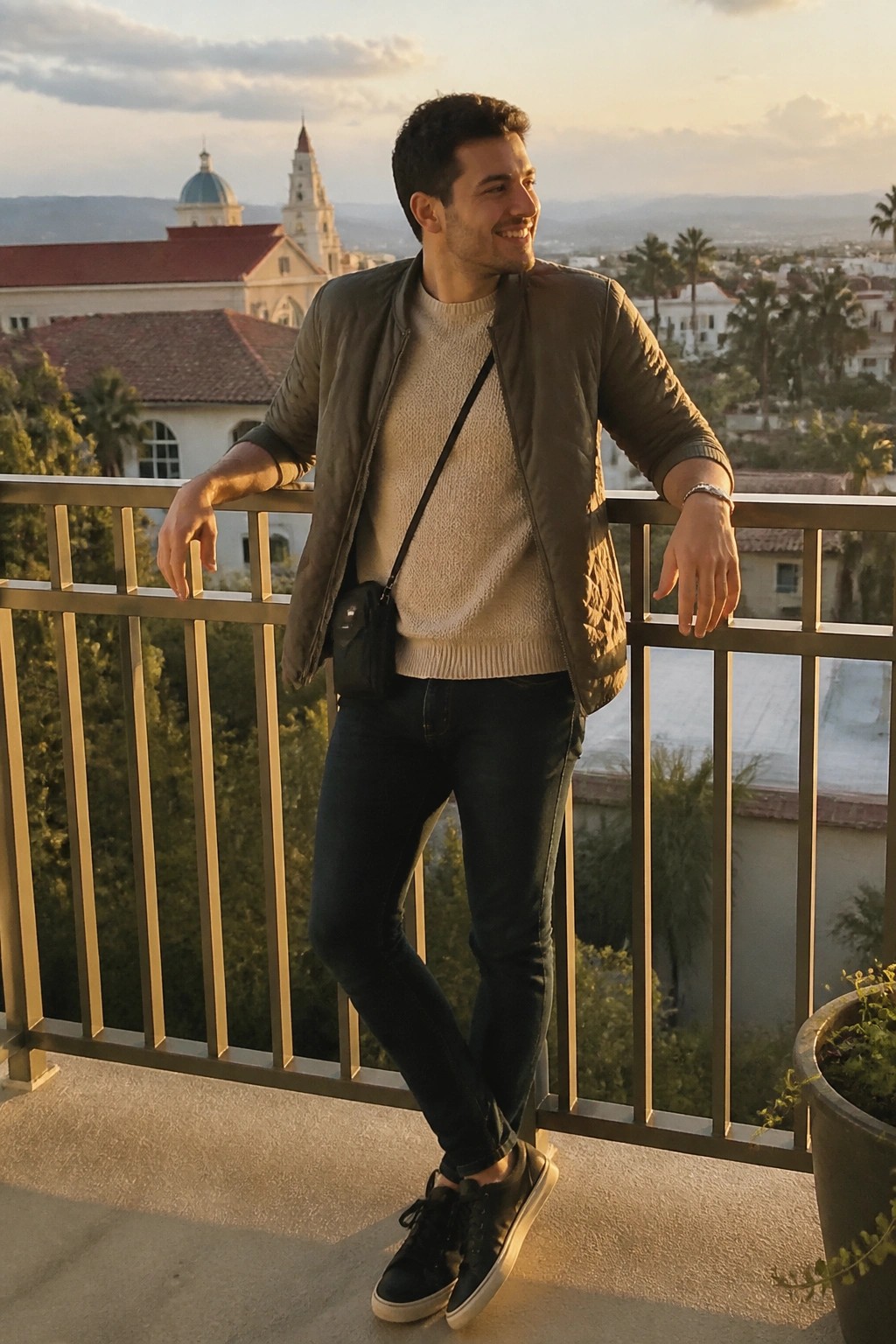 Smiling man in beige sweater and olive vest leaning on balcony at sunset