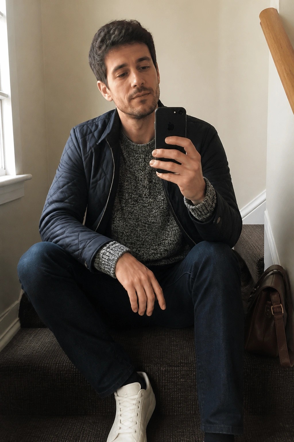 Man in navy quilted jacket taking selfie on carpeted stairs beside brown bag
