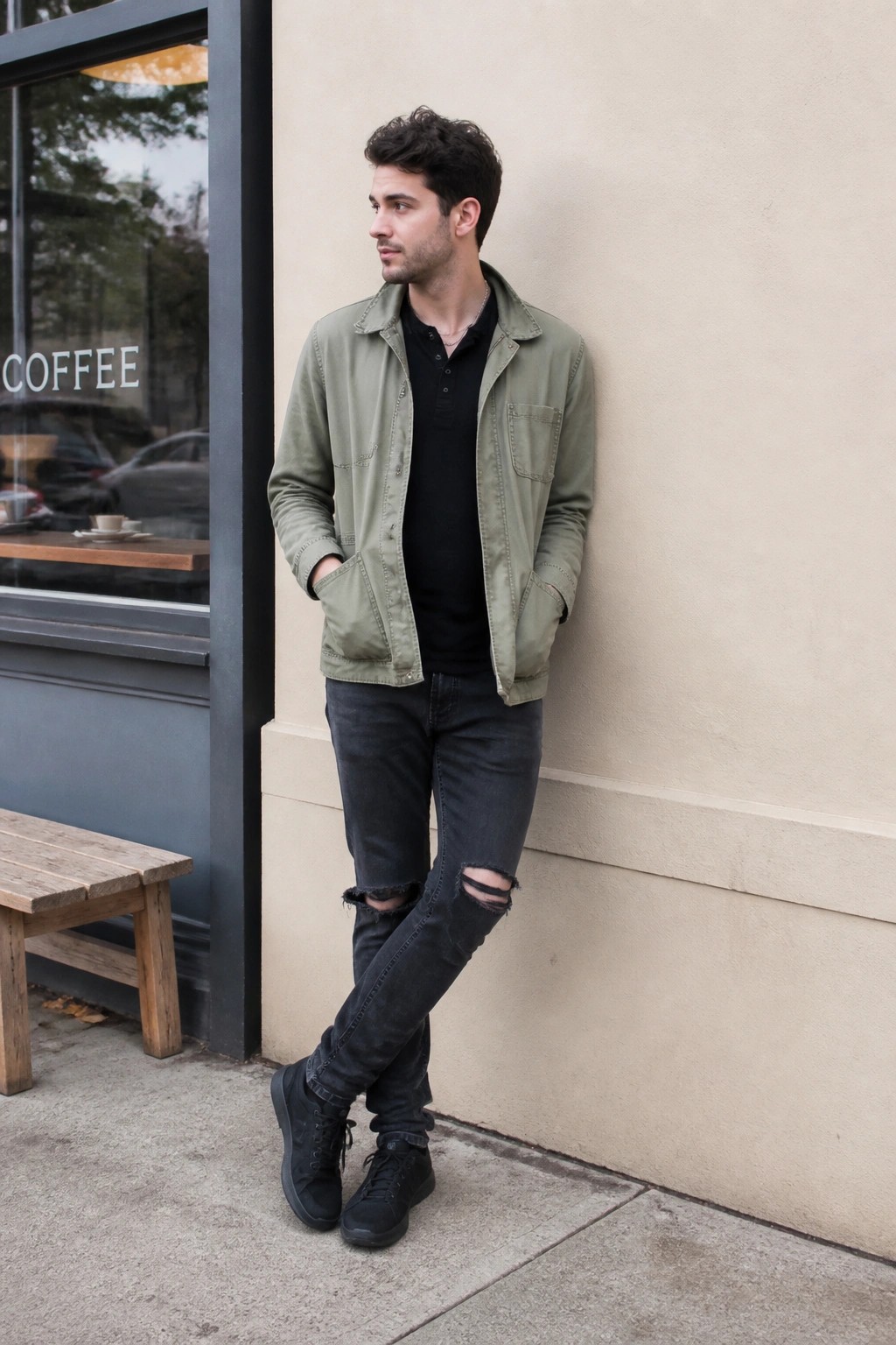 Man wearing sage green lightweight jacket over black polo shirt with ripped black jeans and black sneakers standing outside a coffee shop.