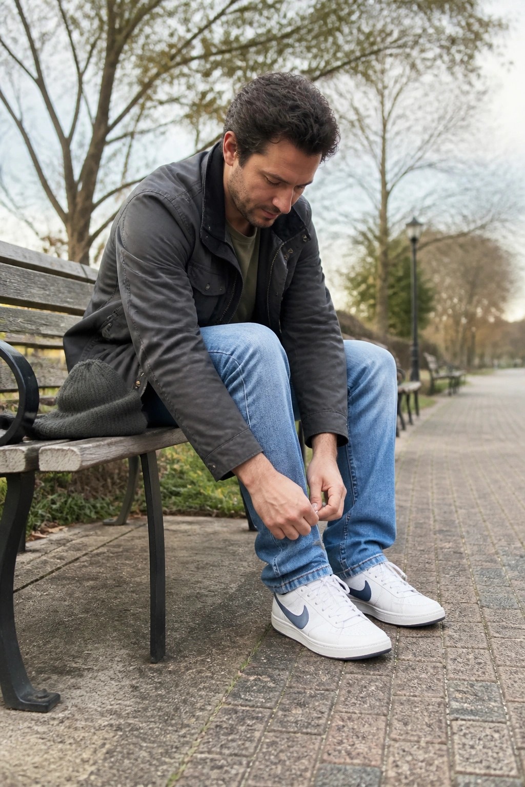 Man in gray jacket ties white Nike sneakers on park bench beside gray beanie