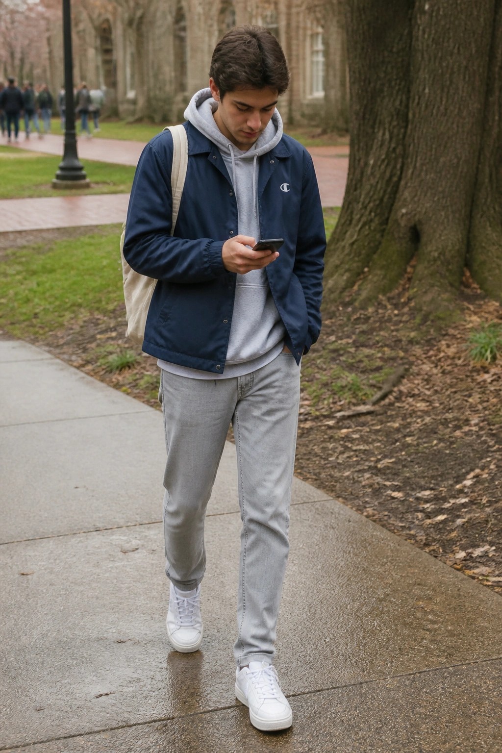 Young man in navy jacket over gray hoodie checks phone on wet campus path.