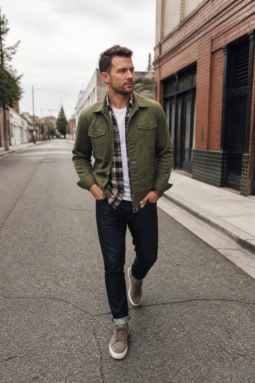 Man in green jacket and plaid shirt standing on street with hands in pockets