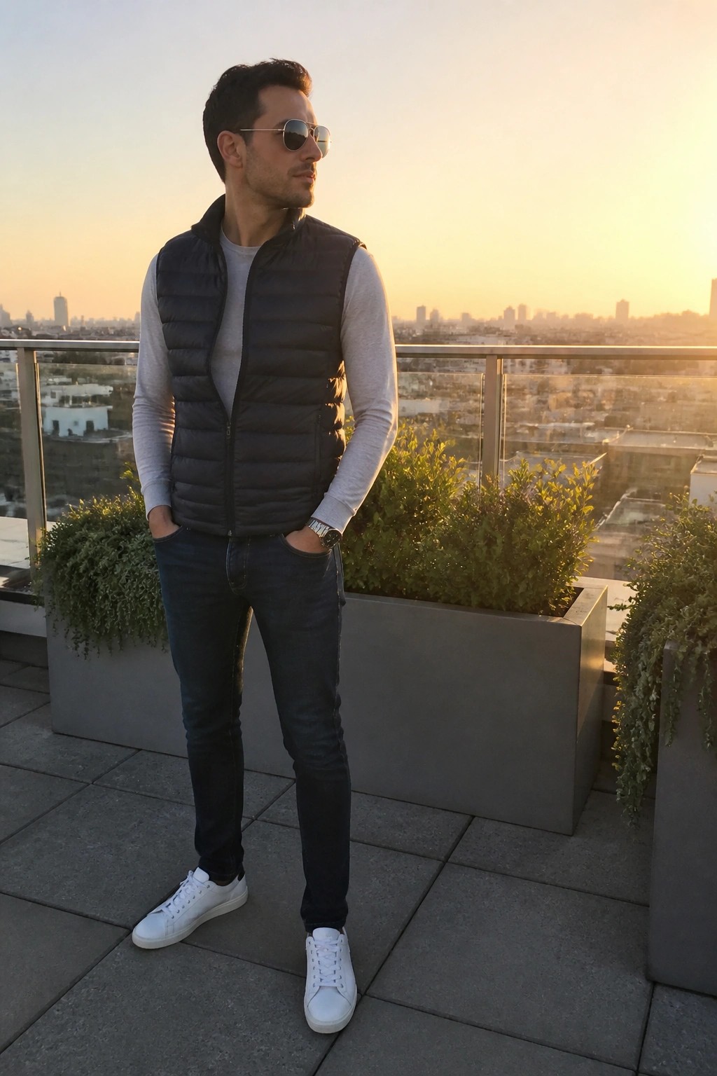 Man in navy puffer vest, jeans, and white sneakers on sunset rooftop terrace