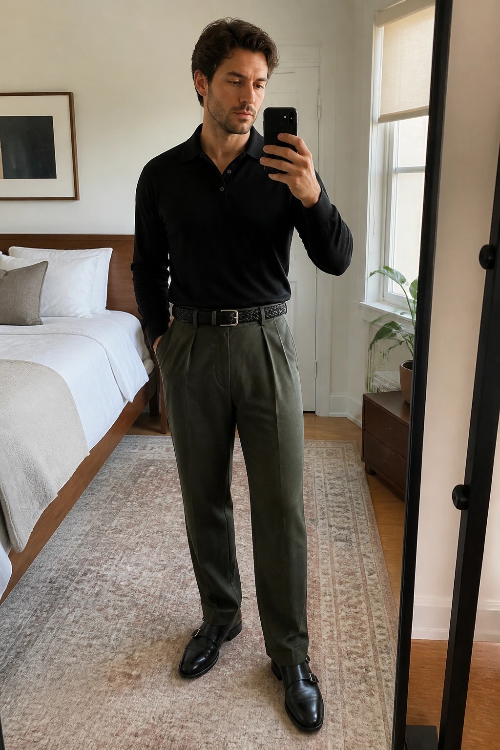 Man in black polo and green pleated trousers taking mirror selfie in bedroom