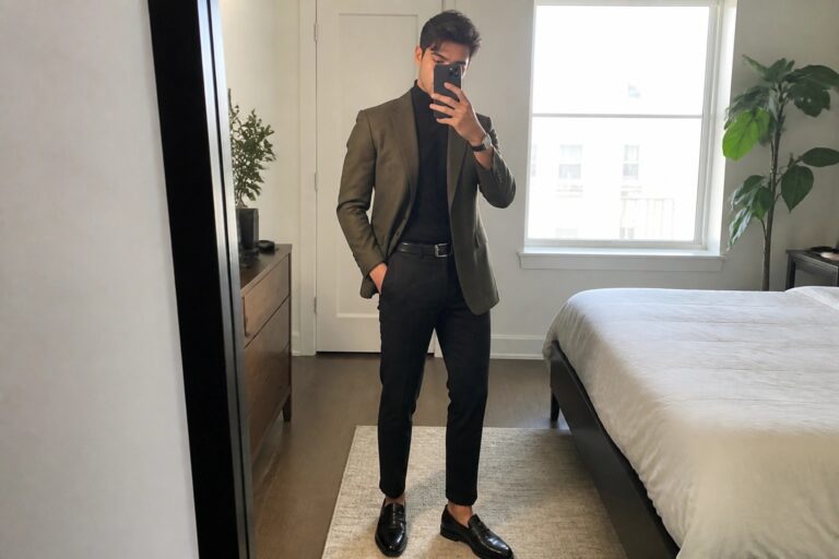 Man in green blazer over black turtleneck taking bedroom mirror selfie with phone