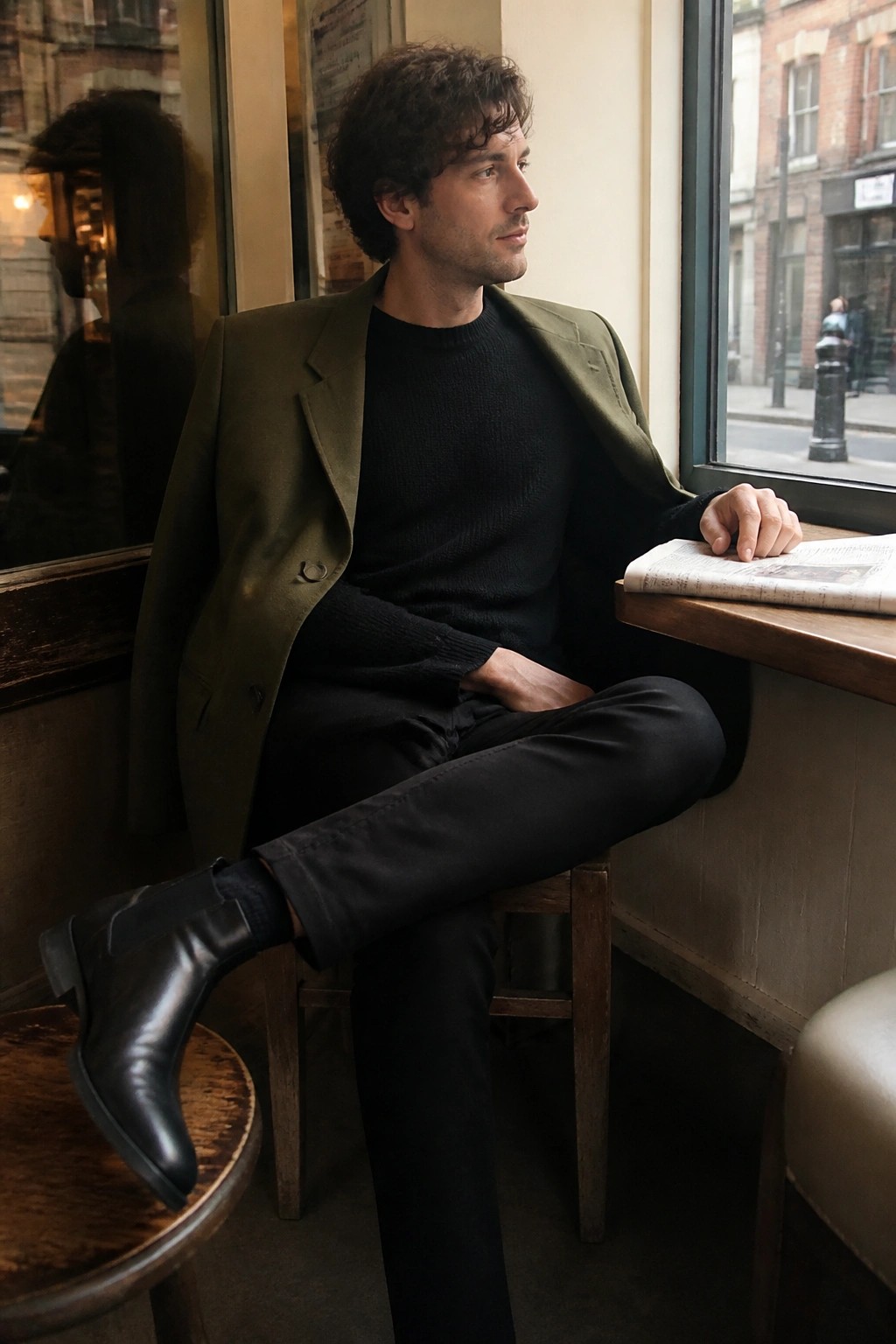 Man in green blazer and black sweater sits by cafe window with newspaper.