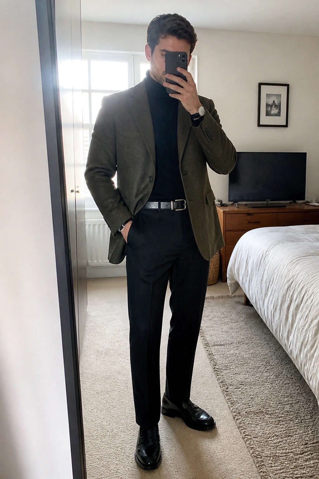 Man in green blazer over black turtleneck taking bedroom mirror selfie with phone