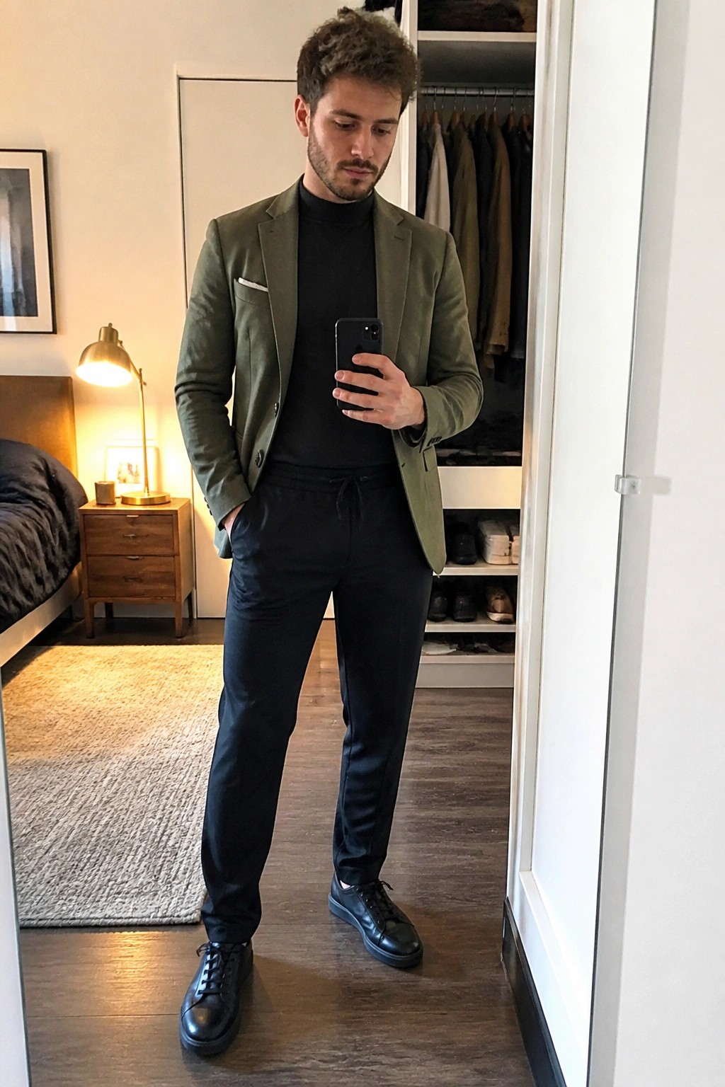 Man in green blazer and black turtleneck taking mirror selfie in bedroom