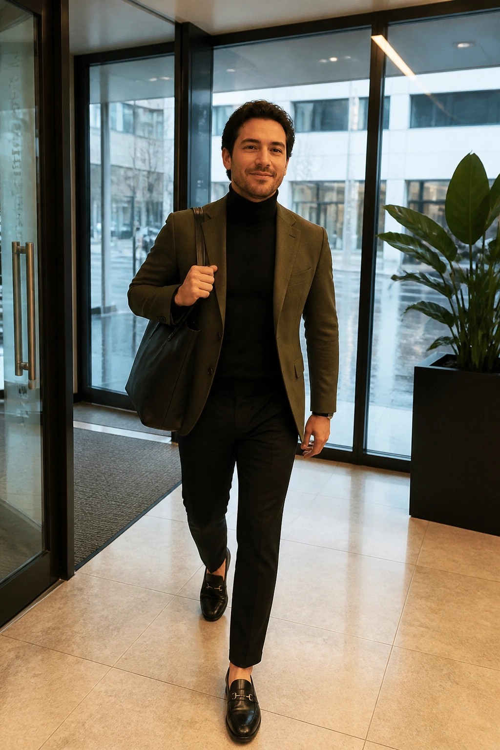 Man in olive blazer over black turtleneck carrying bag in modern lobby.