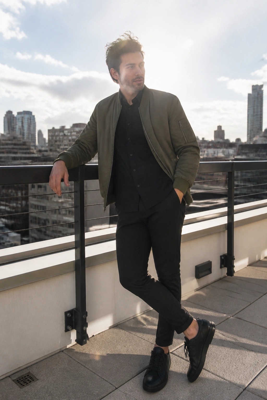 Man in olive bomber jacket and black outfit leaning on sunny city rooftop railing