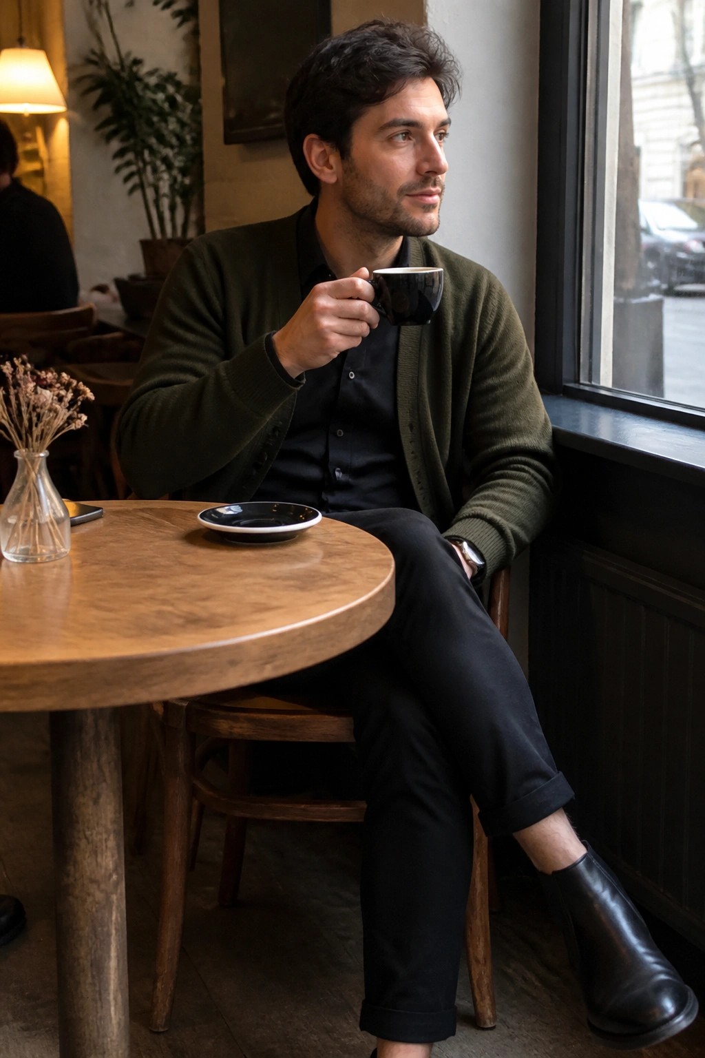 Man in green cardigan sips coffee by cafe window at wooden table