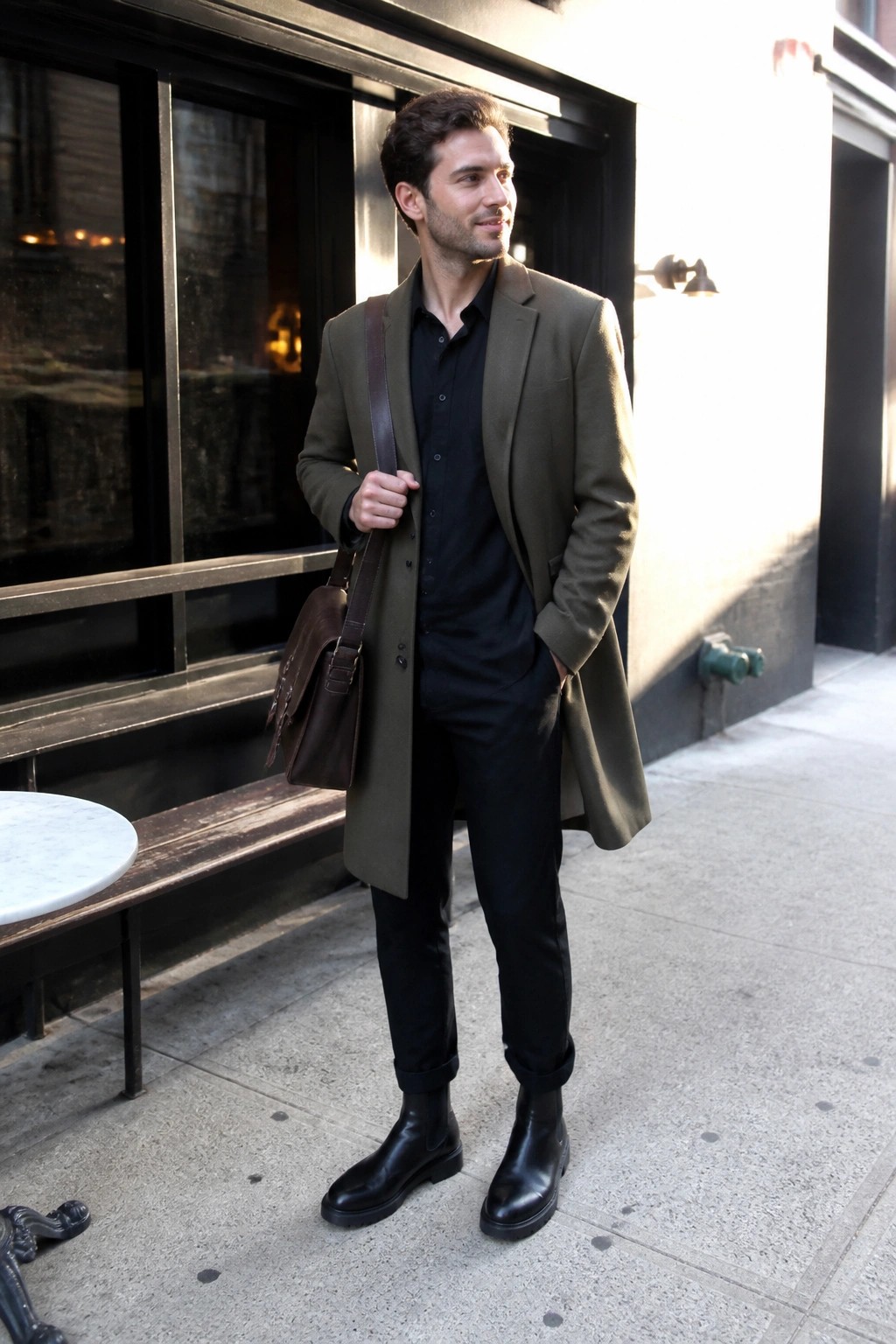 Man in olive overcoat over black shirt and pants holds brown leather bag on sidewalk