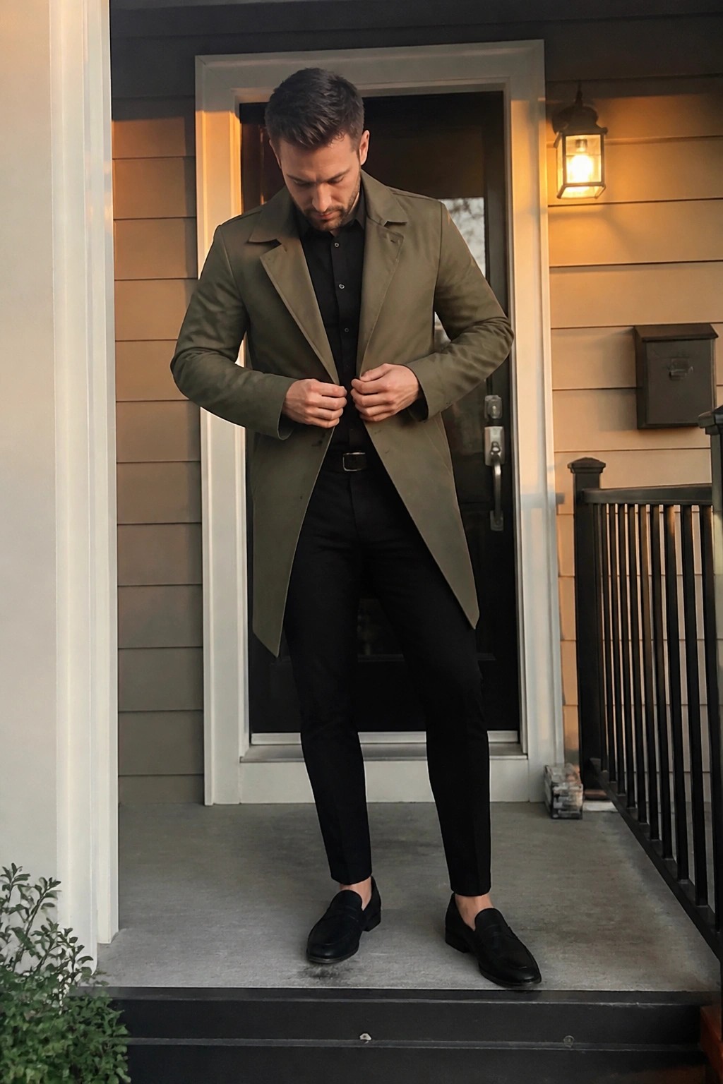 Man in olive green long coat buttoned over black shirt and trousers with black belt and loafers standing on concrete steps in front of a door.