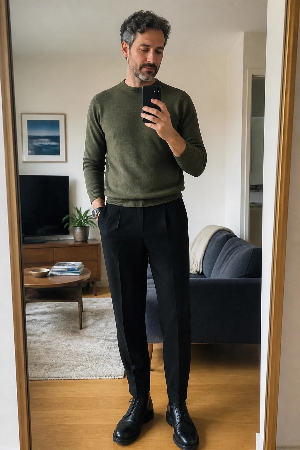 Man in olive sweater and black pants taking mirror selfie in living room