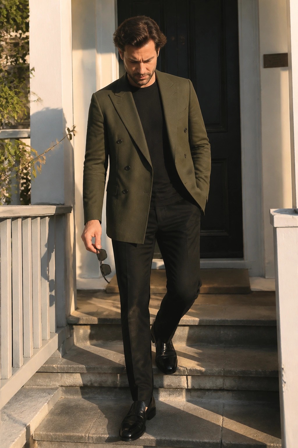 Man in olive green blazer descending stone steps holding sunglasses, wearing black attire.