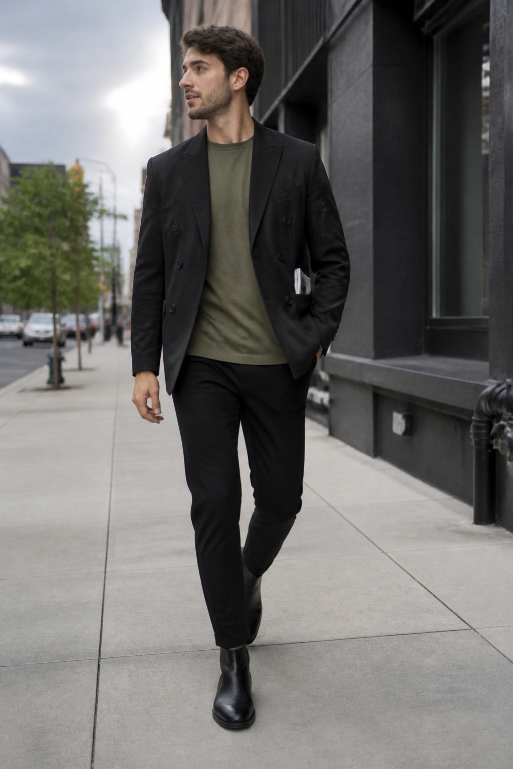 Man in black double-breasted blazer over olive shirt walking on sidewalk