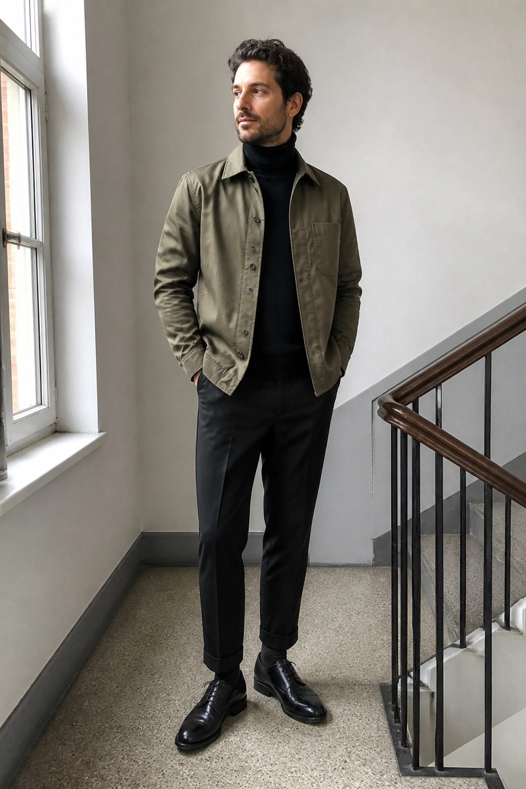Man in olive jacket over black turtleneck stands in stairwell with hands in pockets.