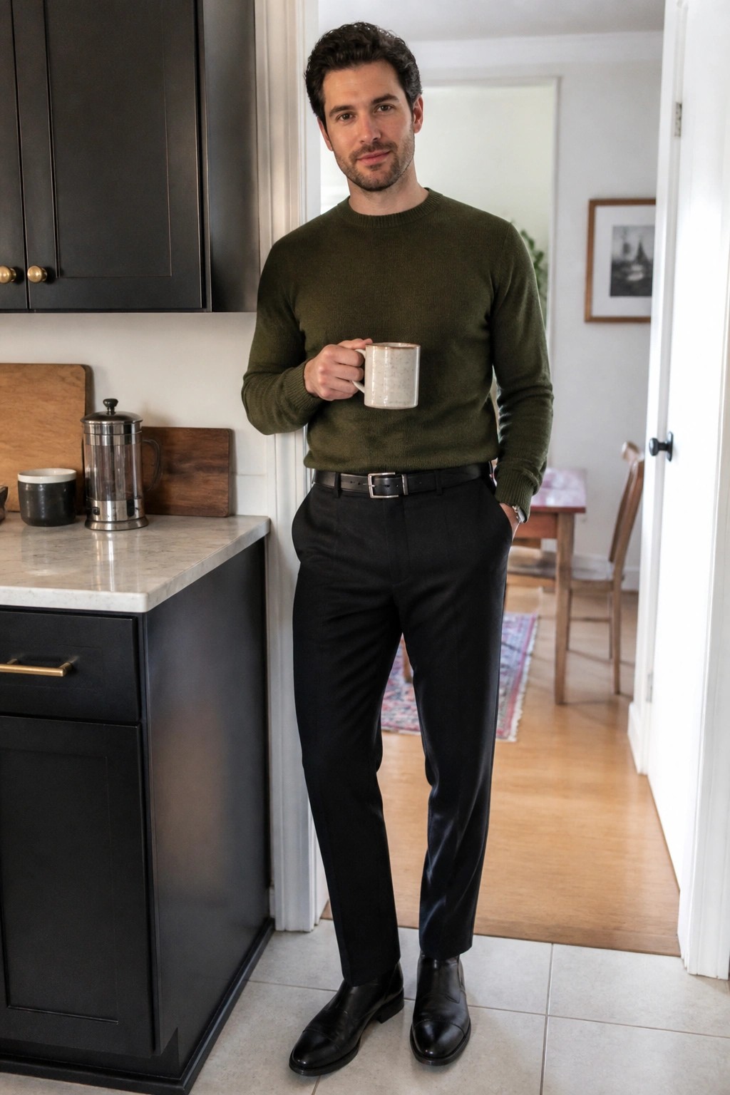 Man in green sweater and black pants holding mug in kitchen