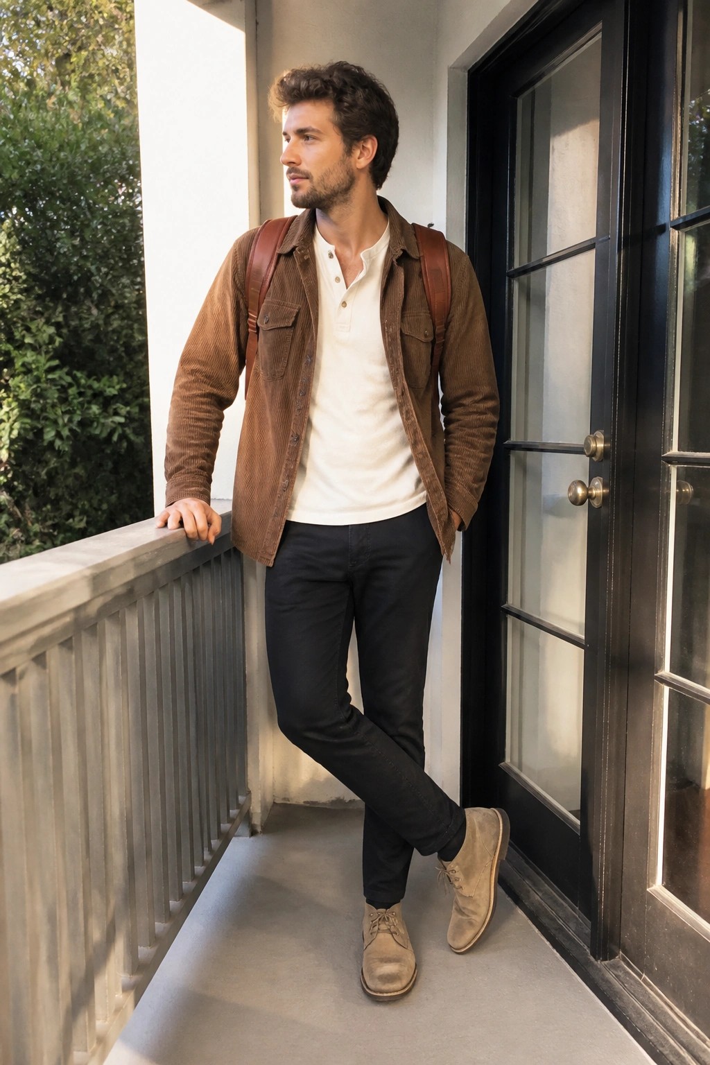 Man in brown corduroy jacket with backpack leans on balcony railing by door.