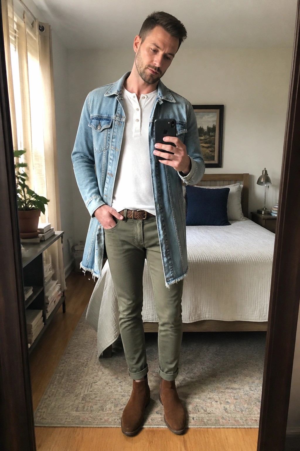 Tall man wearing light blue frayed denim jacket over white henley shirt with olive green pants brown belt and brown suede chelsea boots taking a mirror selfie in bedroom.