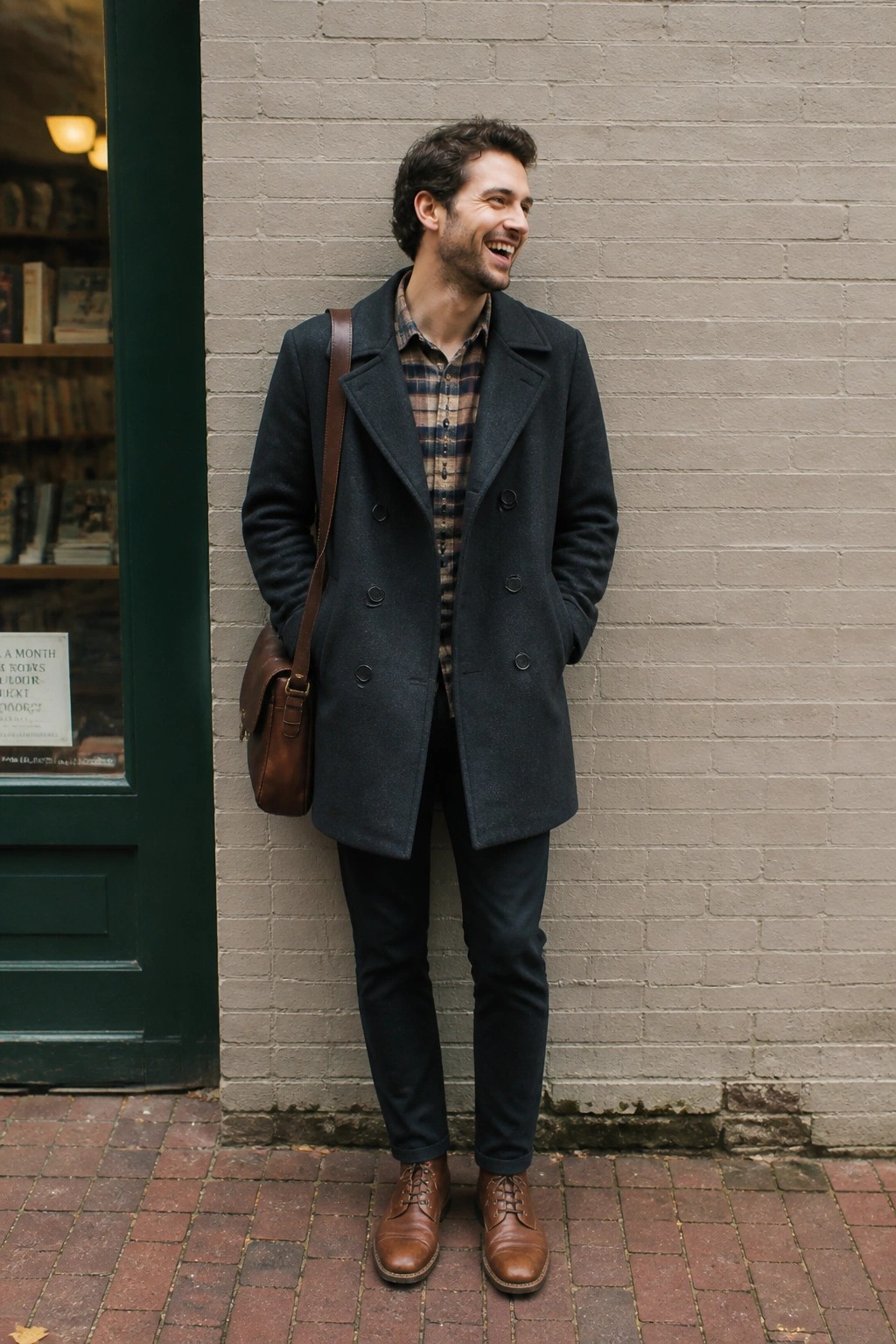Man wearing a long dark gray double breasted wool overcoat over a brown plaid shirt with dark pants brown leather boots and a brown messenger bag standing against a brick wall.