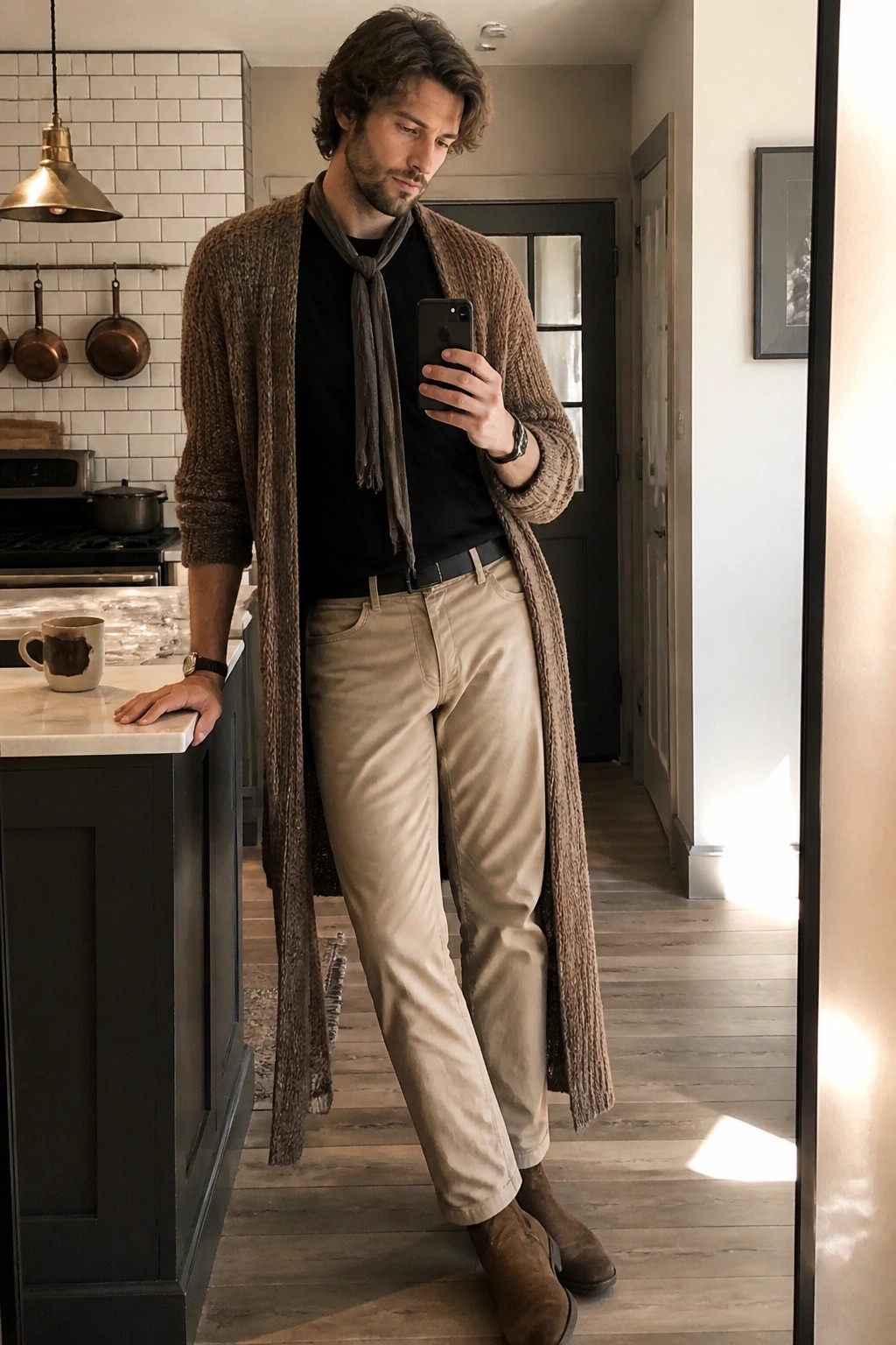 Man in long brown cardigan, black shirt, beige pants taking mirror selfie in kitchen