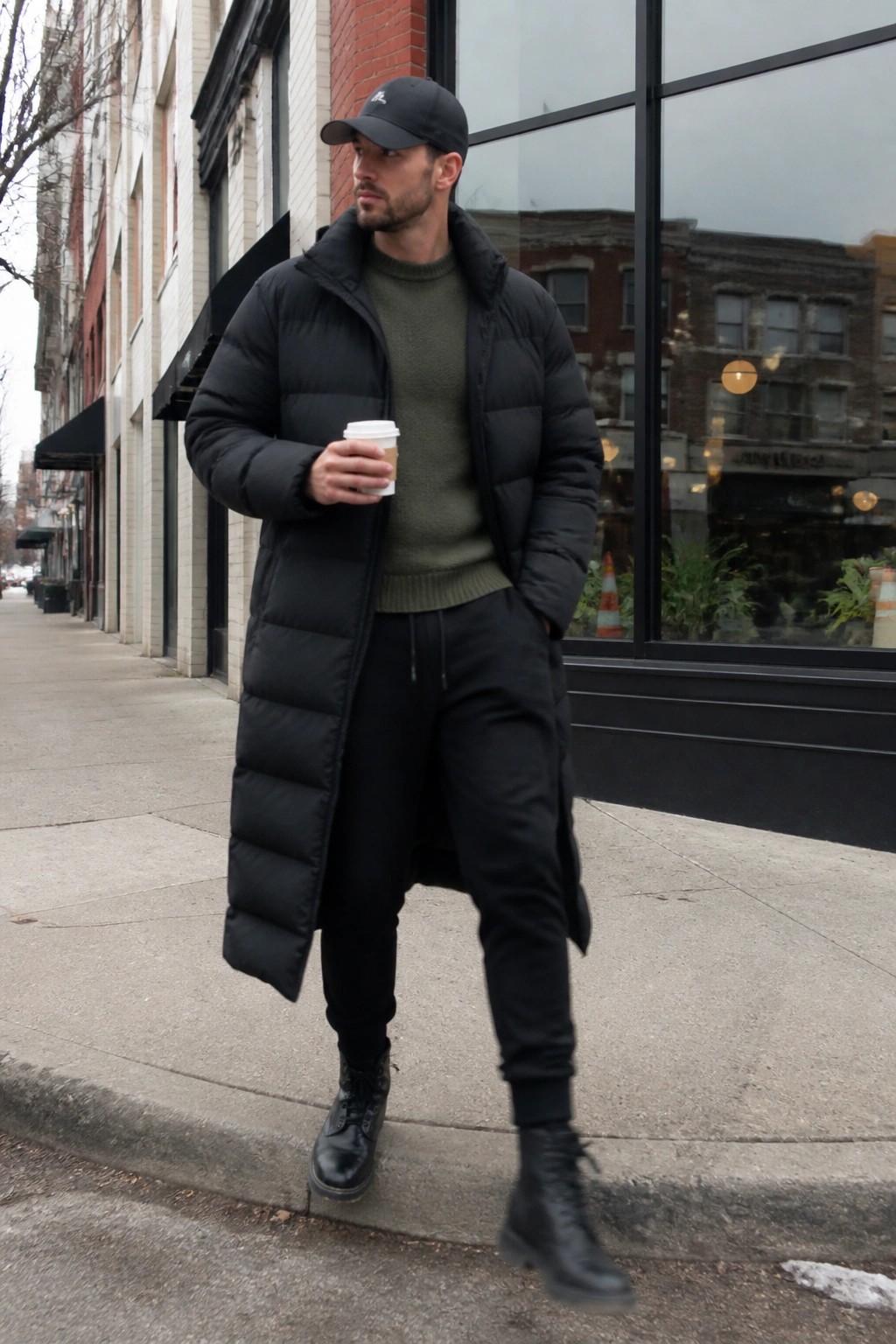 Man in long black puffer coat and cap holding coffee on city sidewalk