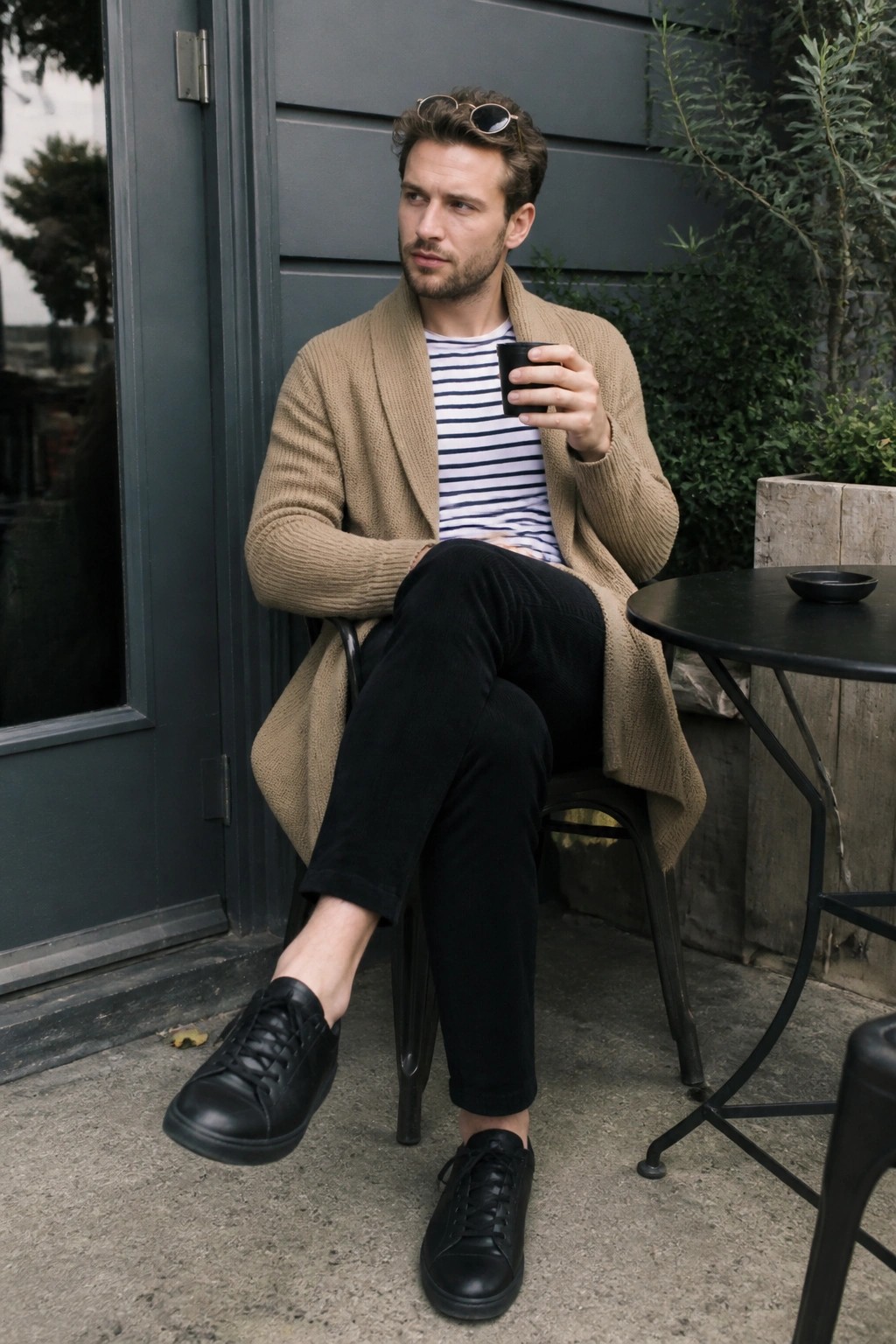 Man in beige cardigan over striped shirt holds black cup seated outdoors.