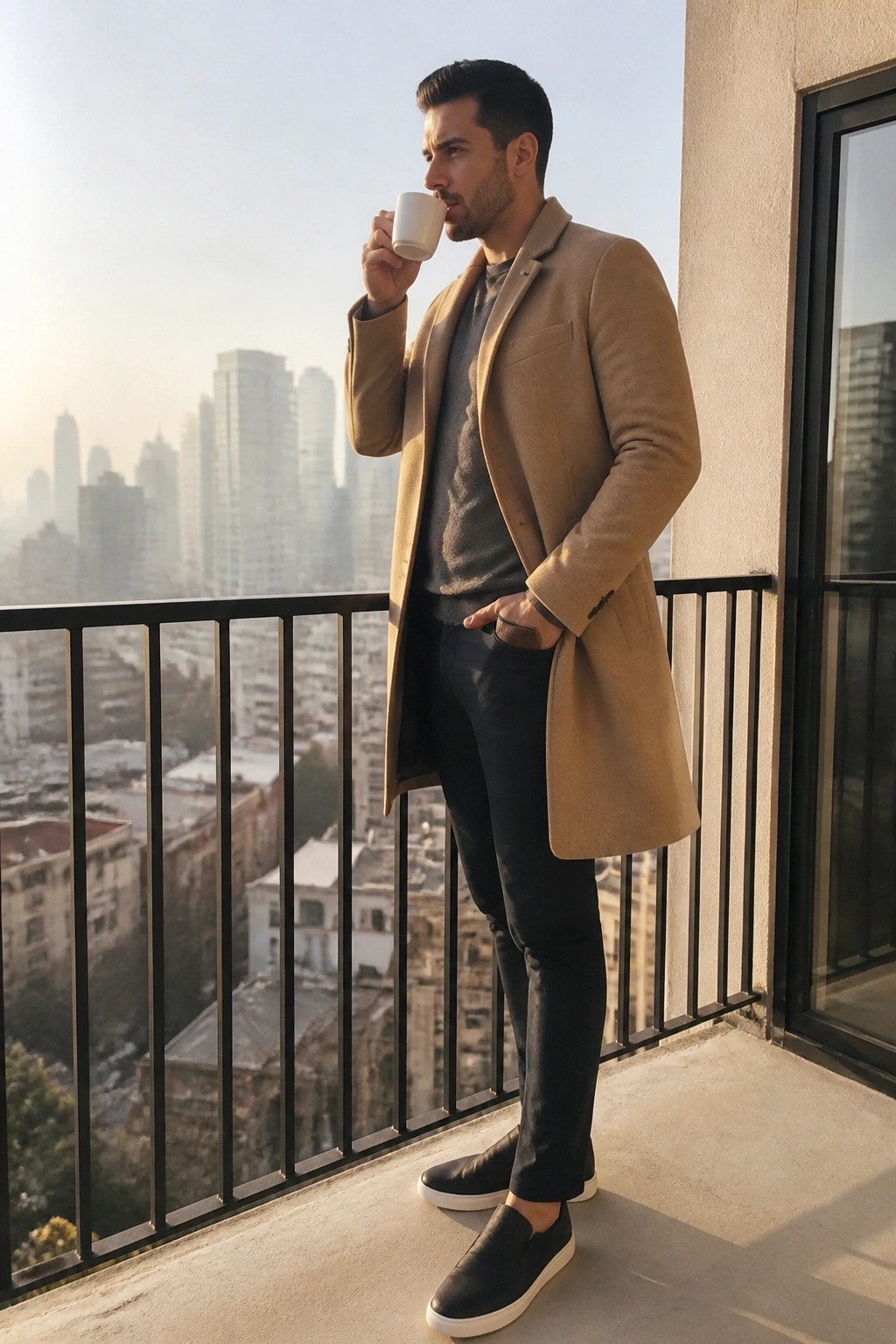 Man in tan overcoat sipping coffee on sunny city balcony at dawn