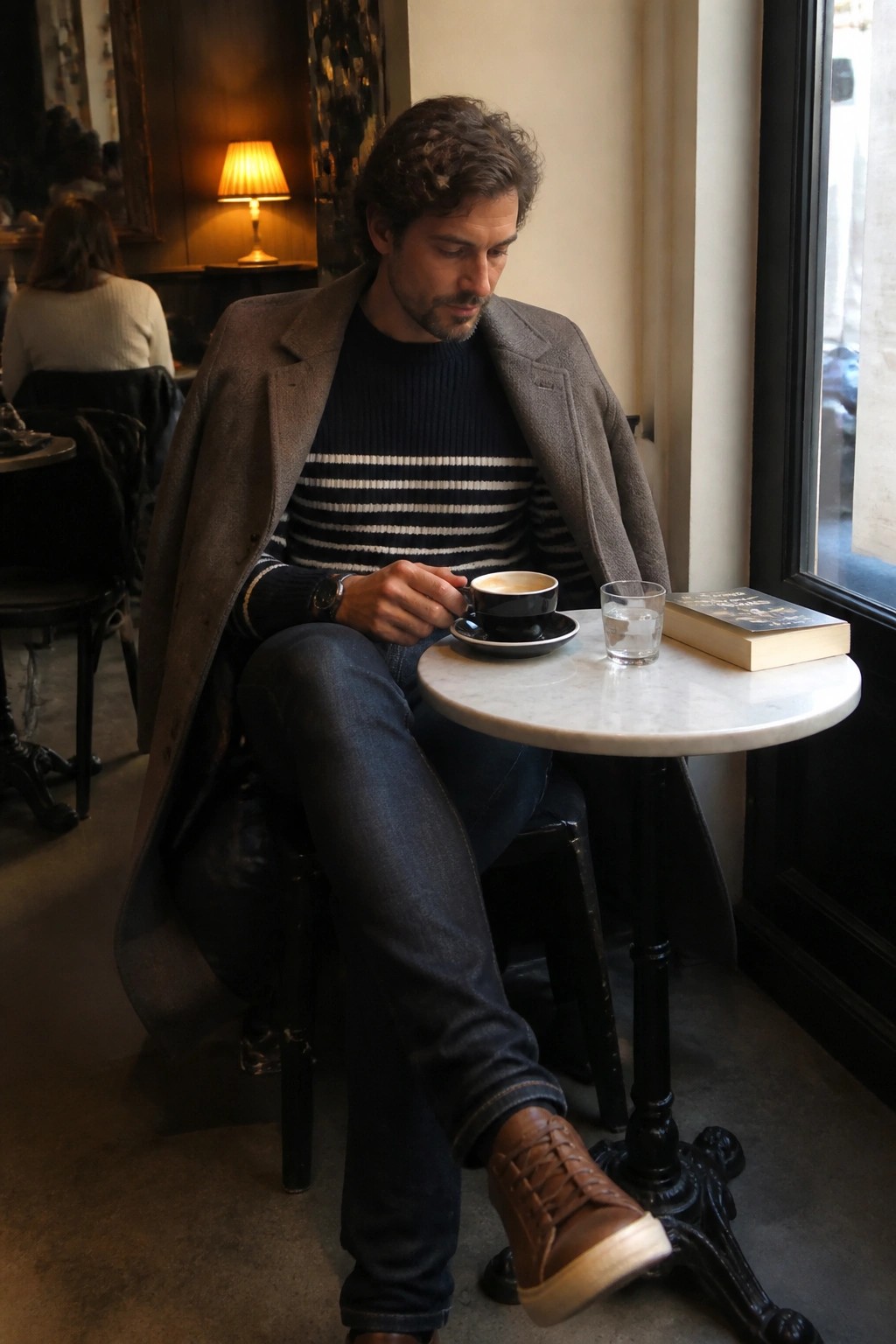 Man in brown coat and striped sweater sips coffee at cafe table with book