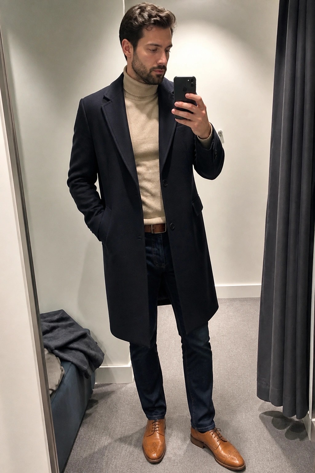 Man in navy overcoat and beige turtleneck taking mirror selfie in fitting room
