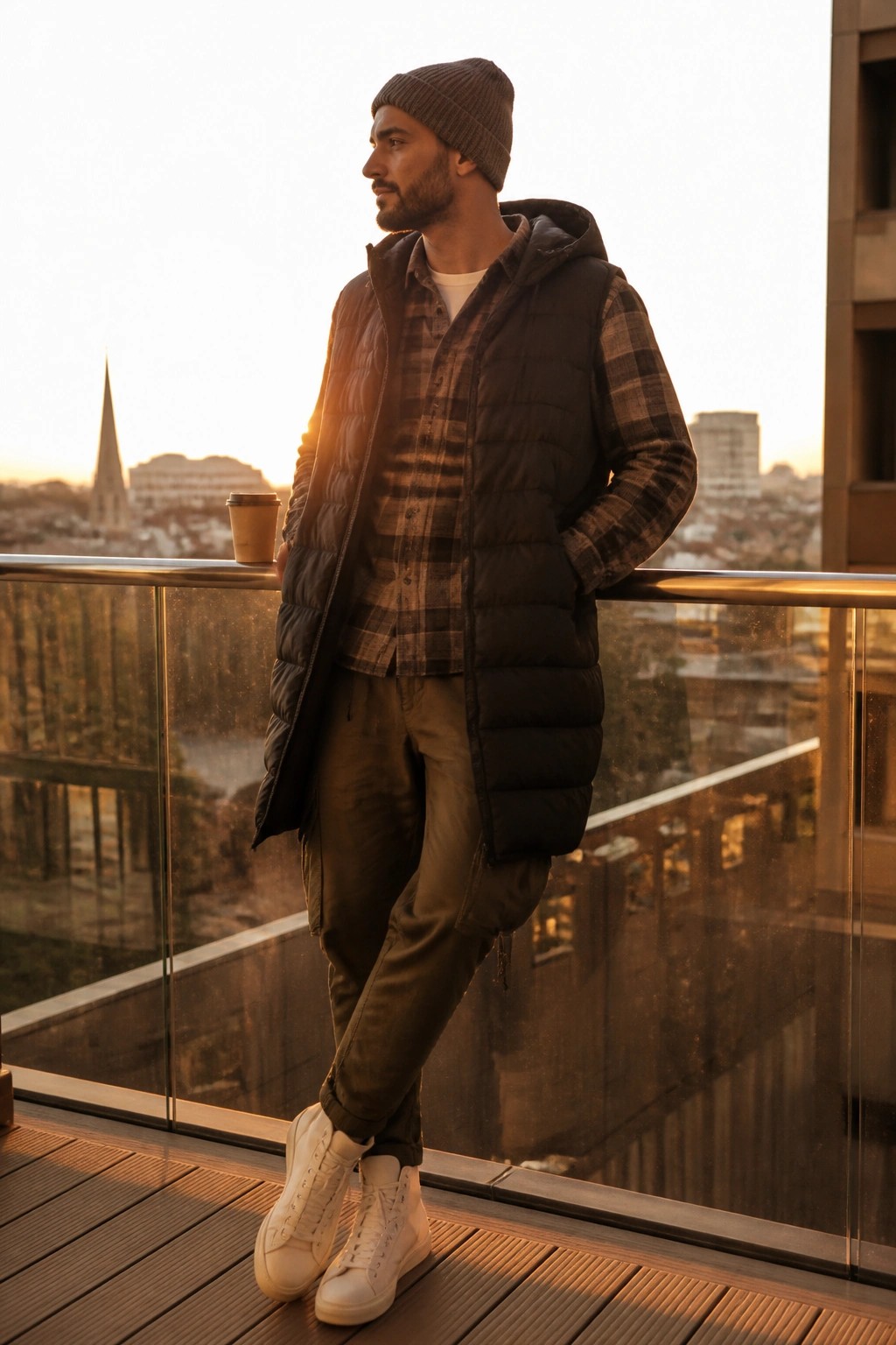 Man in beanie and black puffer vest leans on sunset city balcony with coffee.