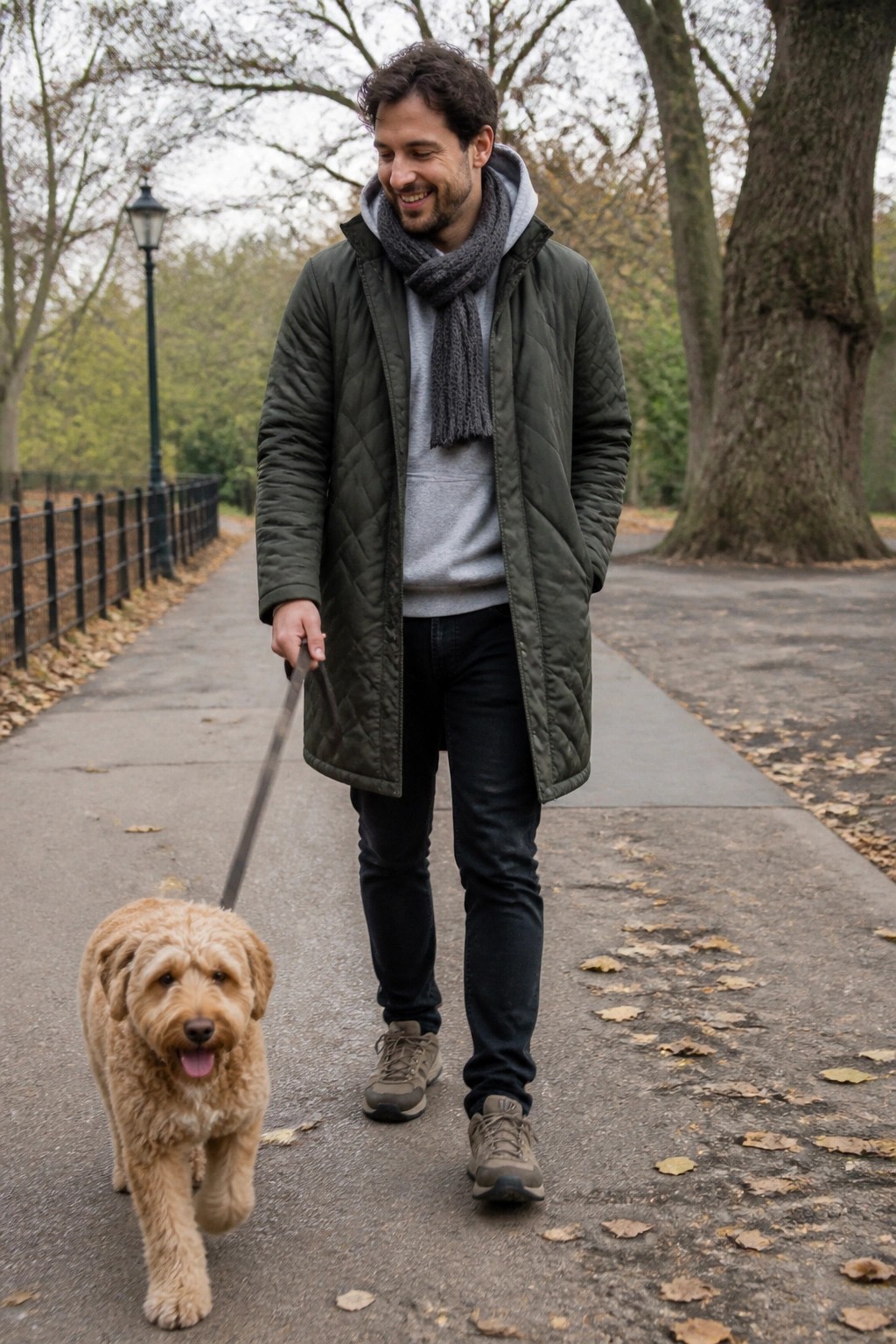 Man in green quilted coat walks fluffy brown dog on autumn path
