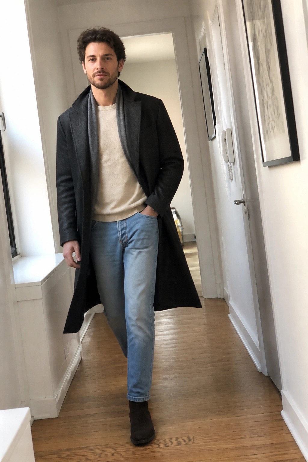 Man in black overcoat, beige sweater, and blue jeans in hallway