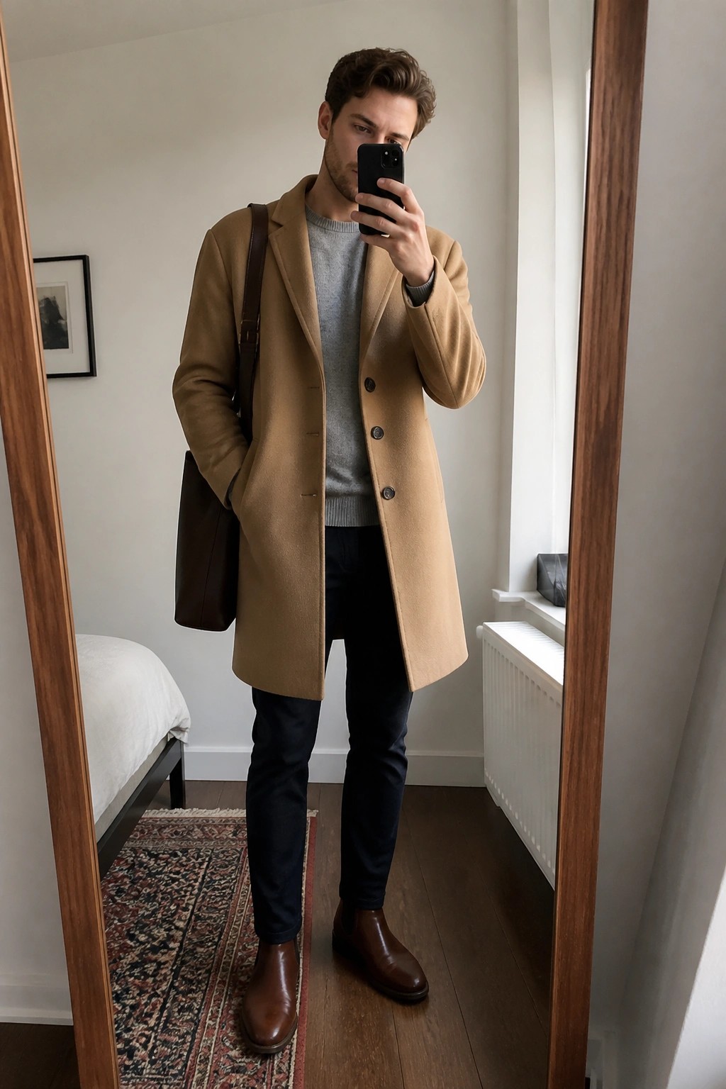 Man in tan overcoat and gray sweater taking bedroom mirror selfie with phone