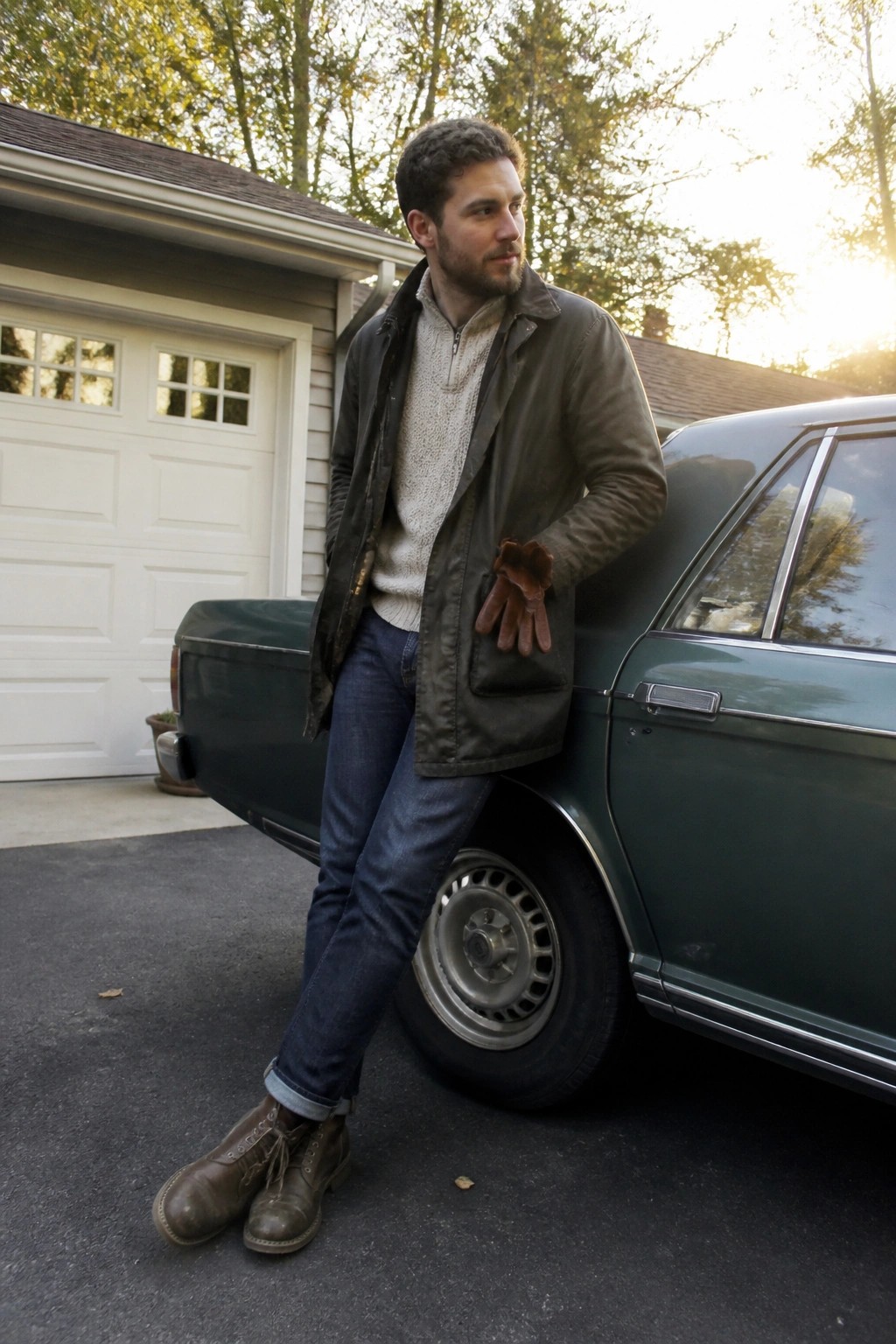 Man in suede jacket leans against vintage green car holding leather gloves