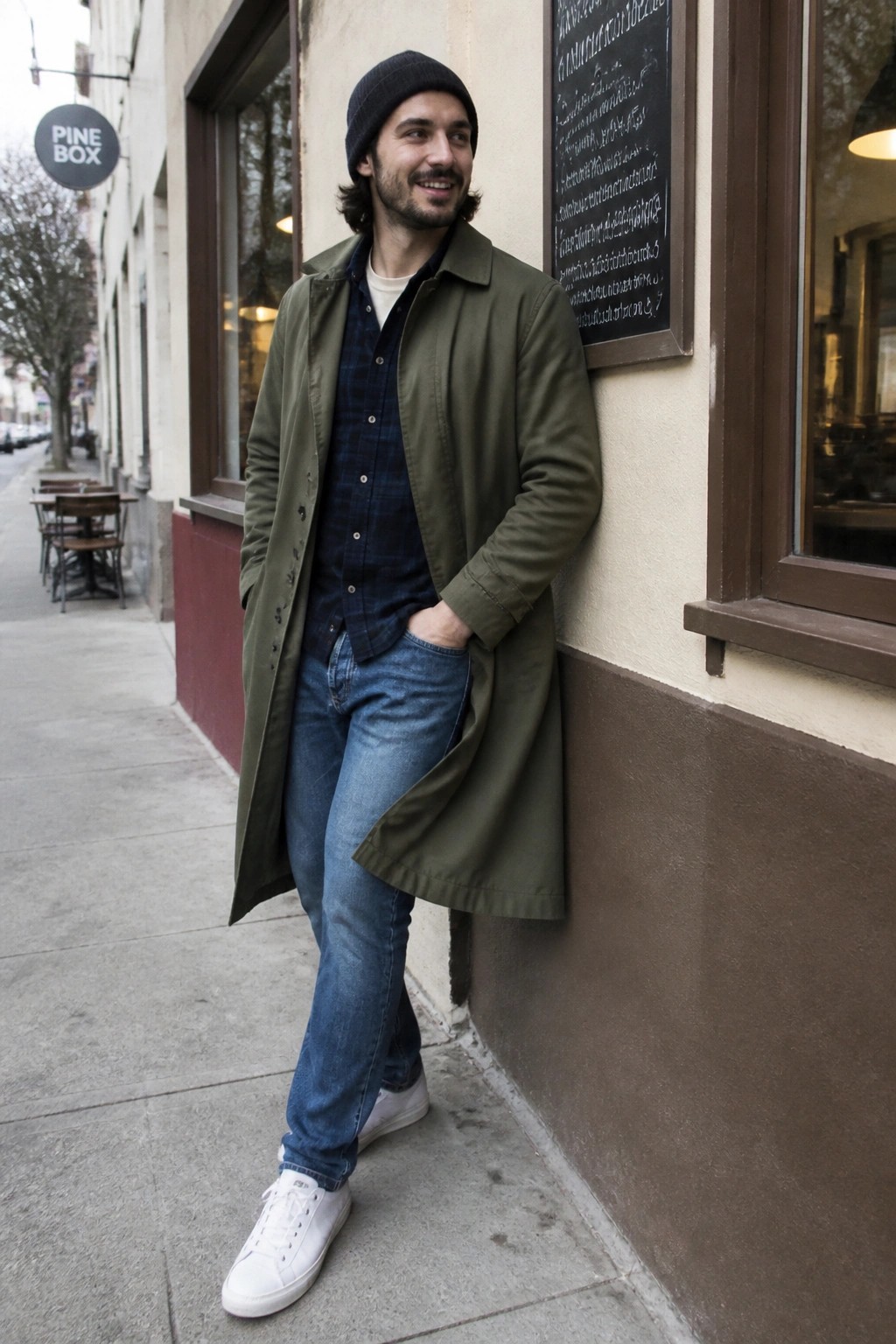 Man in olive coat and beanie leaning against cafe wall on sidewalk