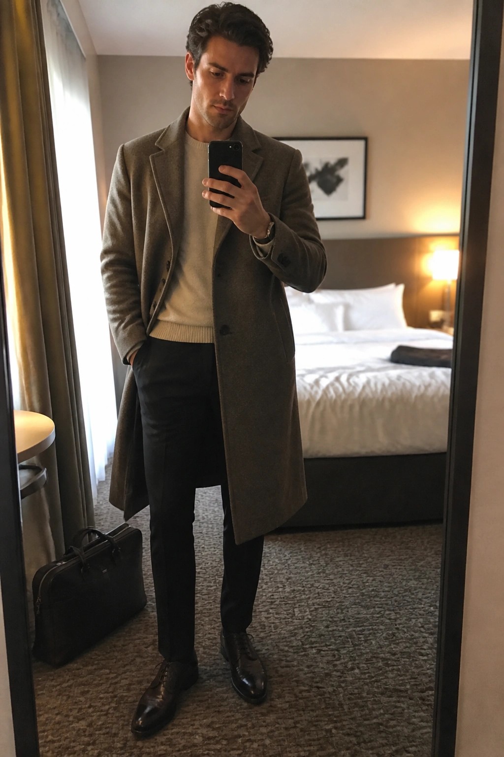 Tall man wearing a long taupe wool overcoat open over a cream crewneck sweater, black trousers, and dark brown dress shoes while holding a phone in a hotel room mirror selfie.