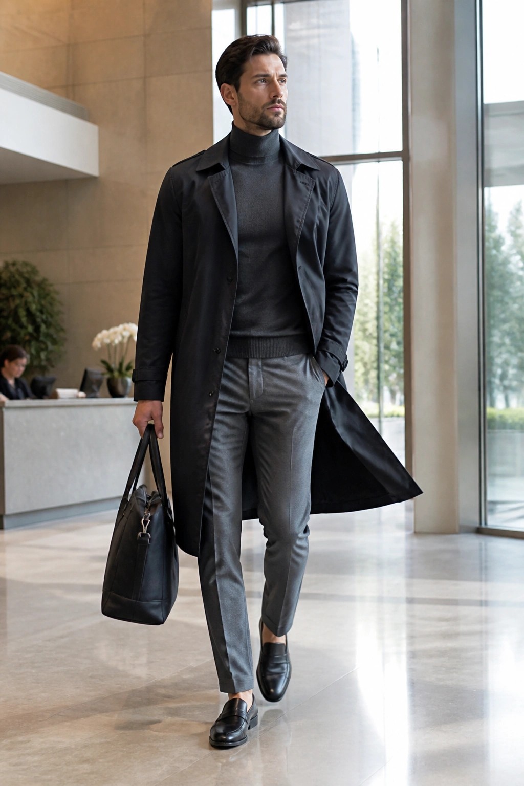 Man in black trench coat and gray turtleneck carrying leather bag in modern lobby.