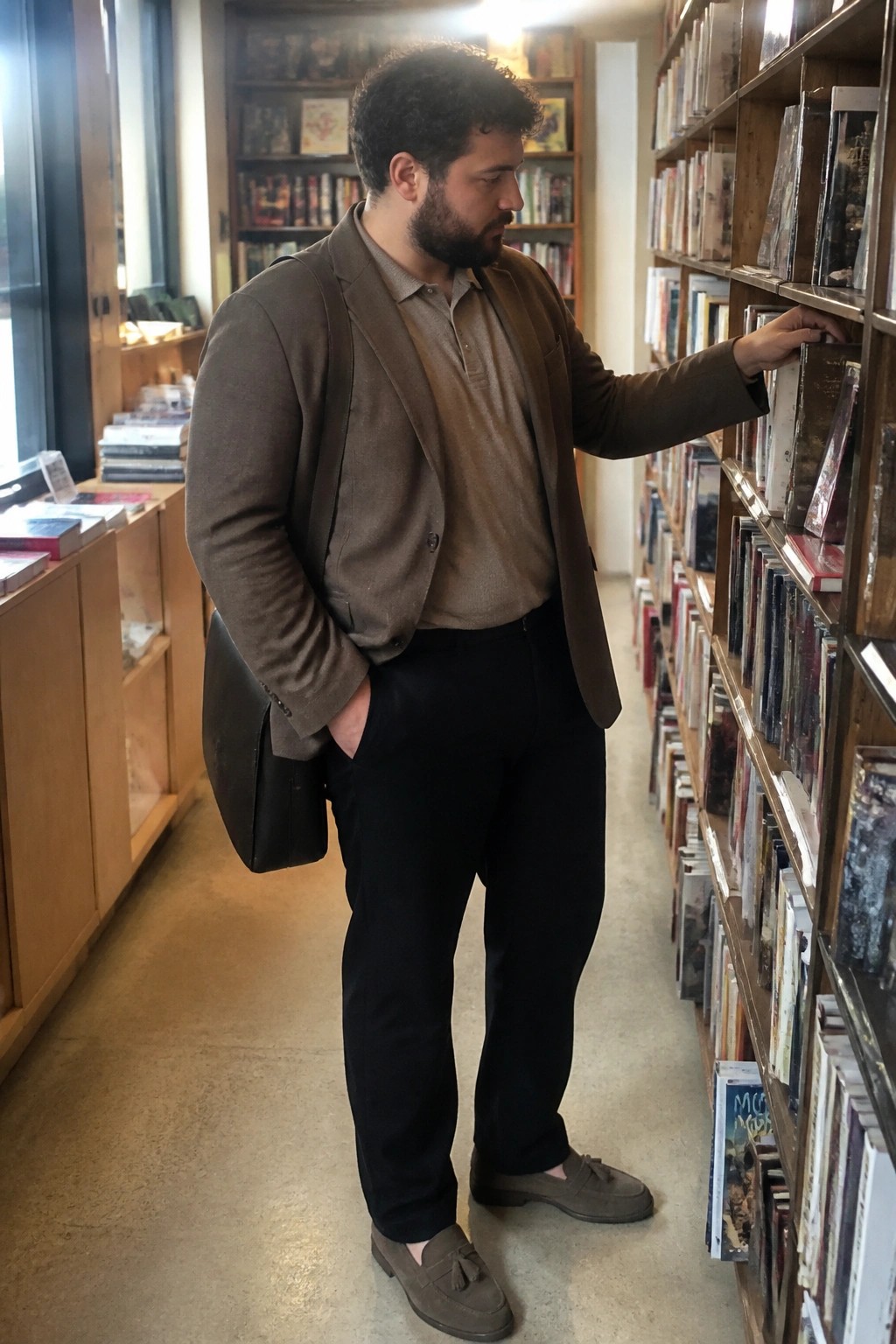 Curly-haired bearded man in brown blazer reaches for book on wooden shelf