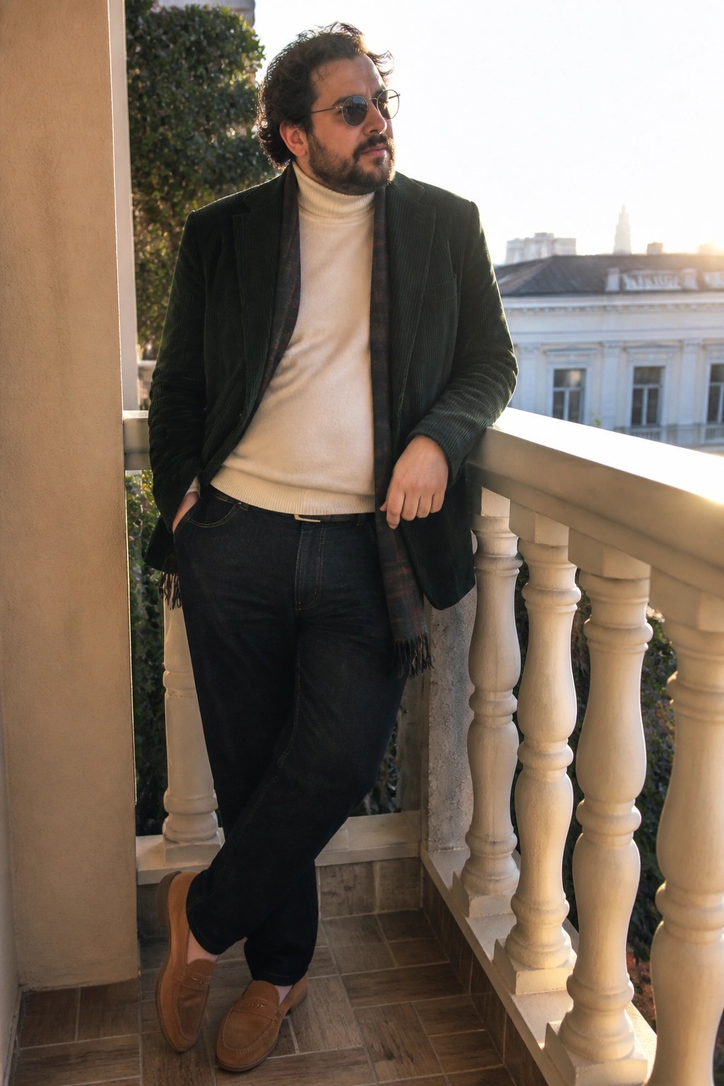 Bearded man in green corduroy blazer over turtleneck with plaid scarf leans on balcony