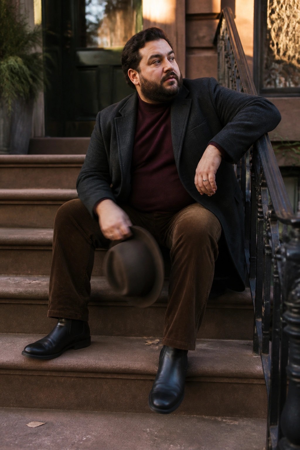 A plus size man wearing a dark gray overcoat over a burgundy turtleneck sweater with brown corduroy pants and black Chelsea boots, holding a fedora hat while seated on stone steps.