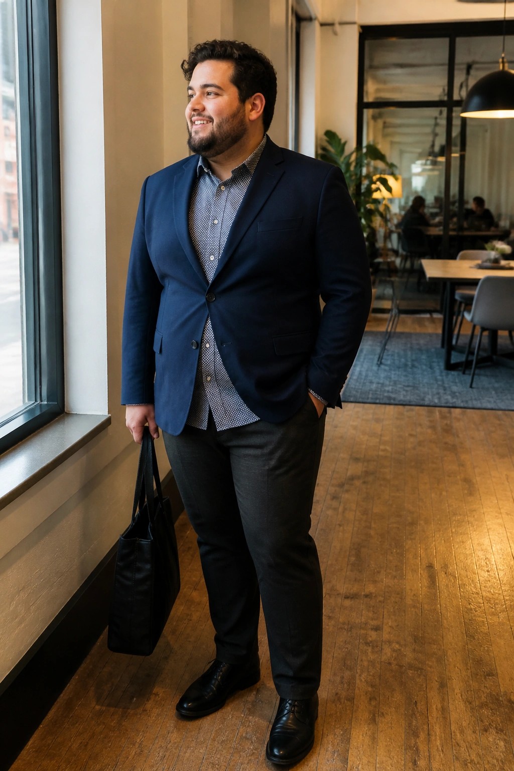 Man in navy blazer and patterned shirt holding black bag in modern office