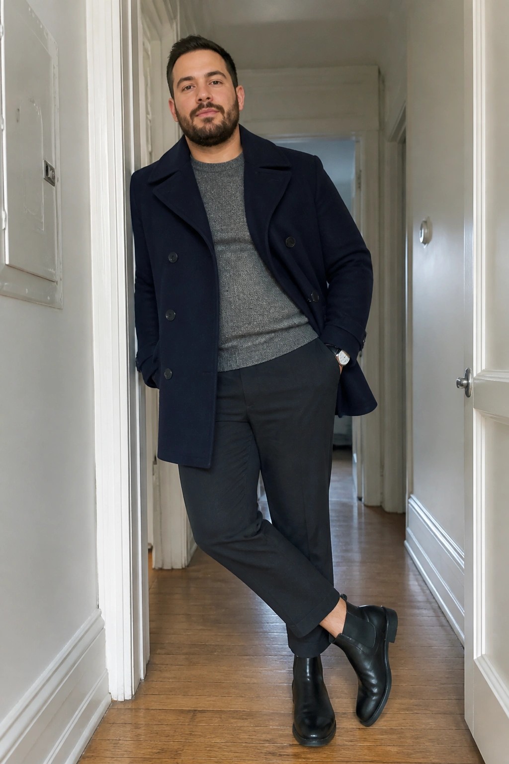 Bearded man in navy peacoat and gray sweater leaning in white hallway doorway